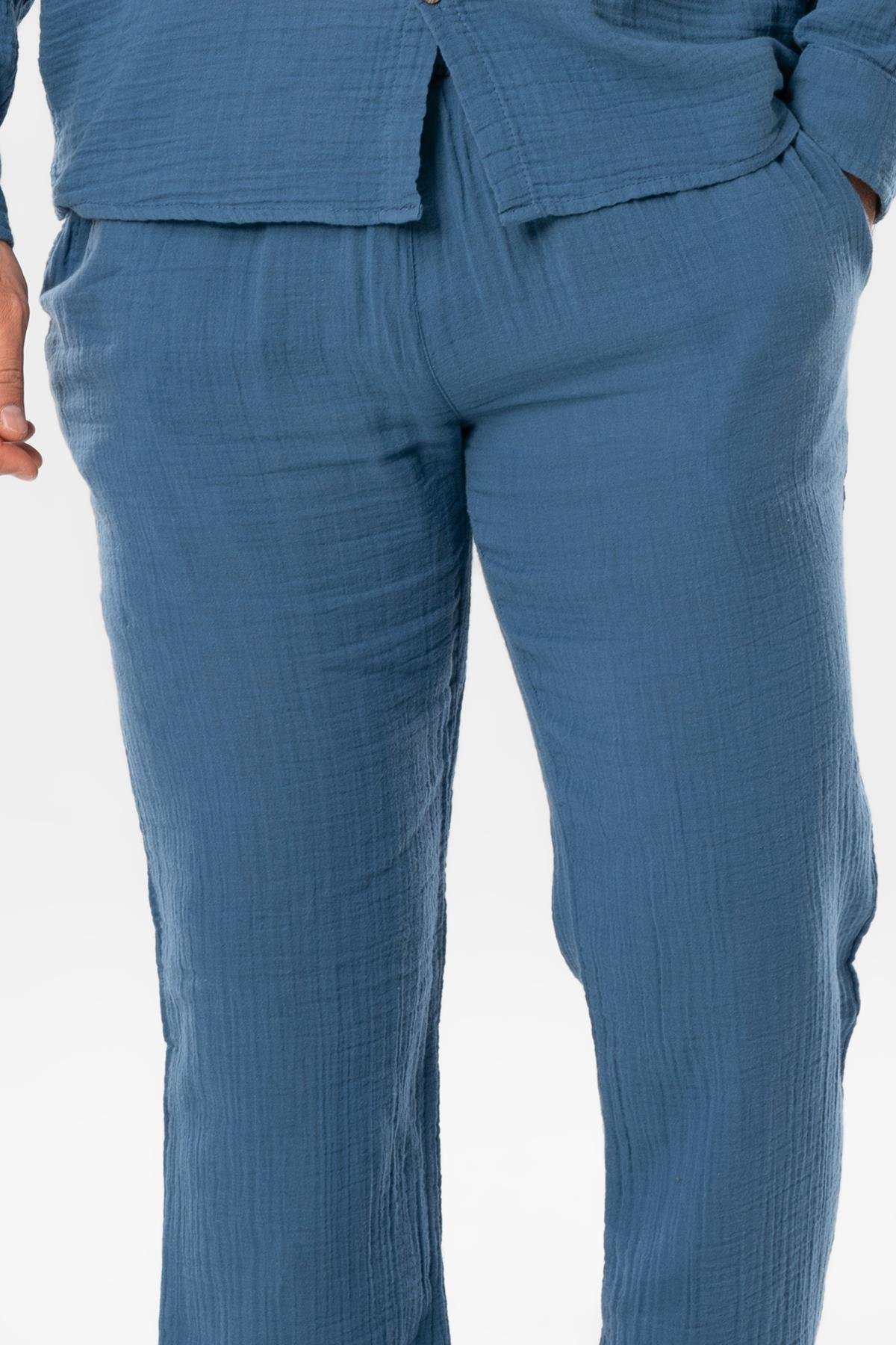 Müslin Beli Lastikli Çift Cepli Erkek Yazlık Pantolon İndigo indg