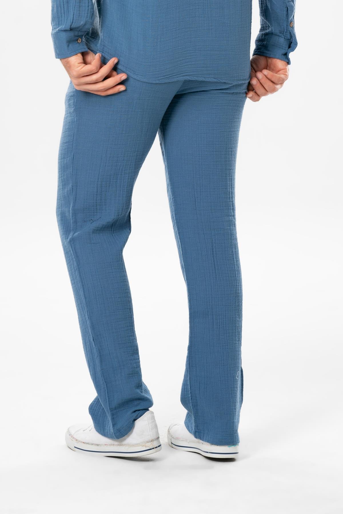 Müslin Beli Lastikli Çift Cepli Erkek Yazlık Pantolon İndigo indg