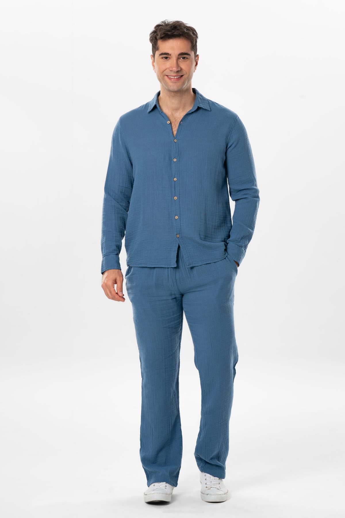 Müslin Beli Lastikli Çift Cepli Erkek Yazlık Pantolon İndigo indg