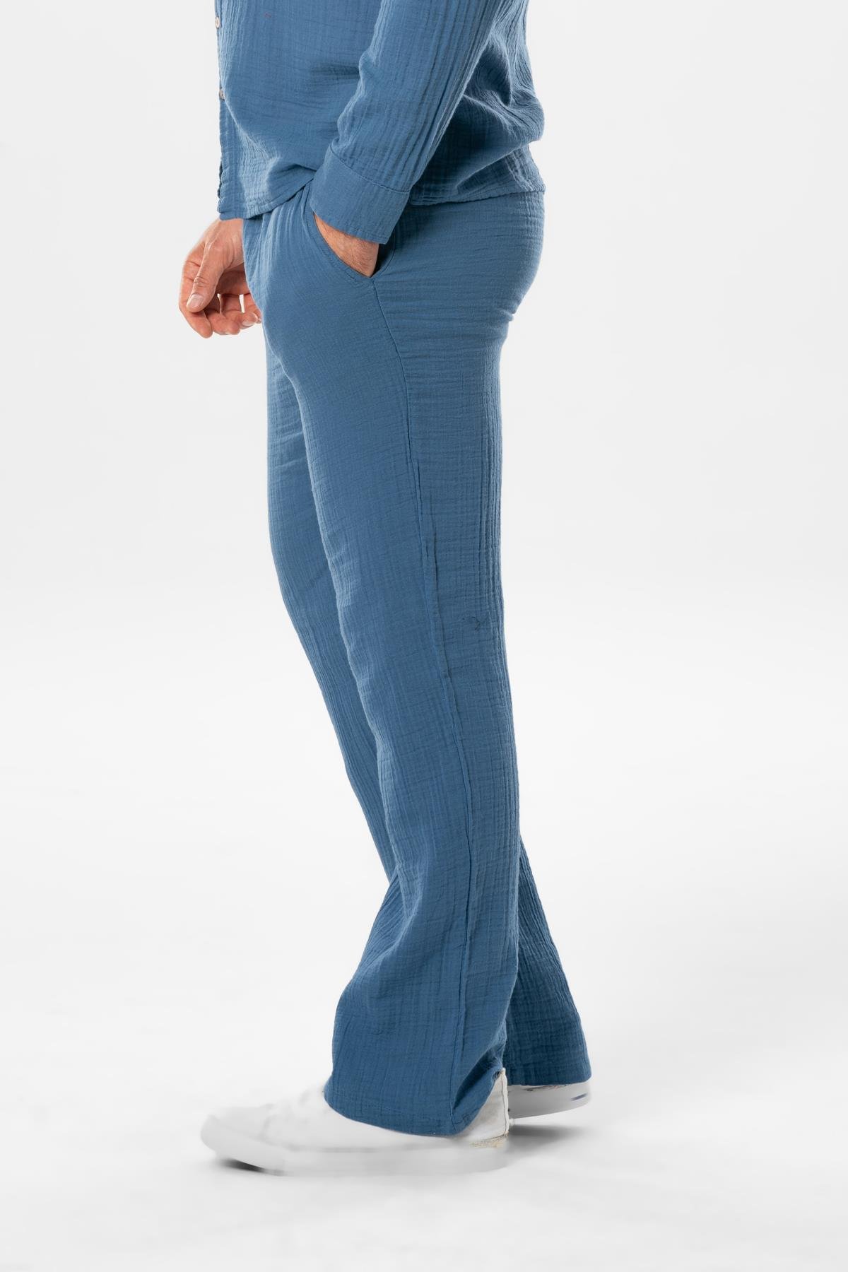 Müslin Beli Lastikli Çift Cepli Erkek Yazlık Pantolon İndigo indg