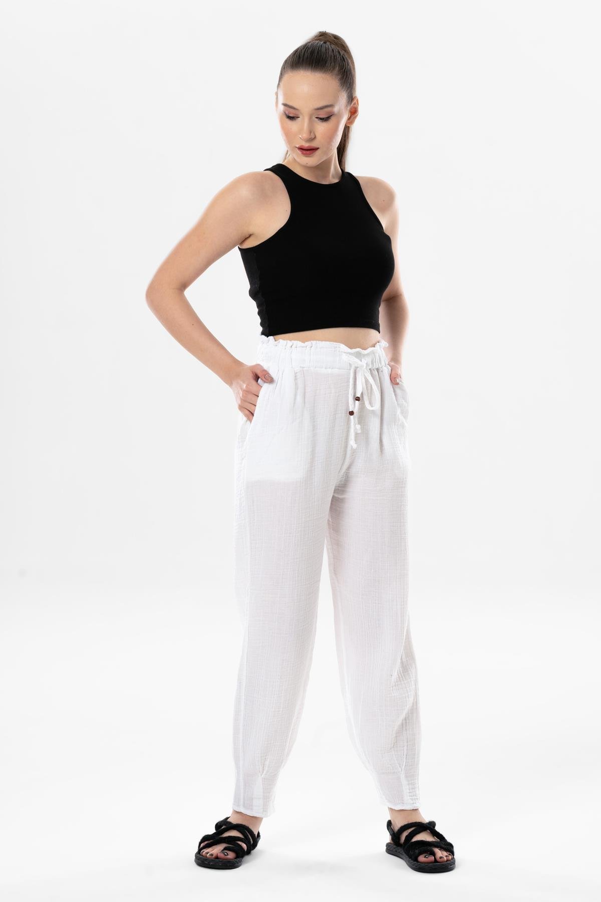 Müslin Havuç Yazlık Pantolon Beyaz Byz
