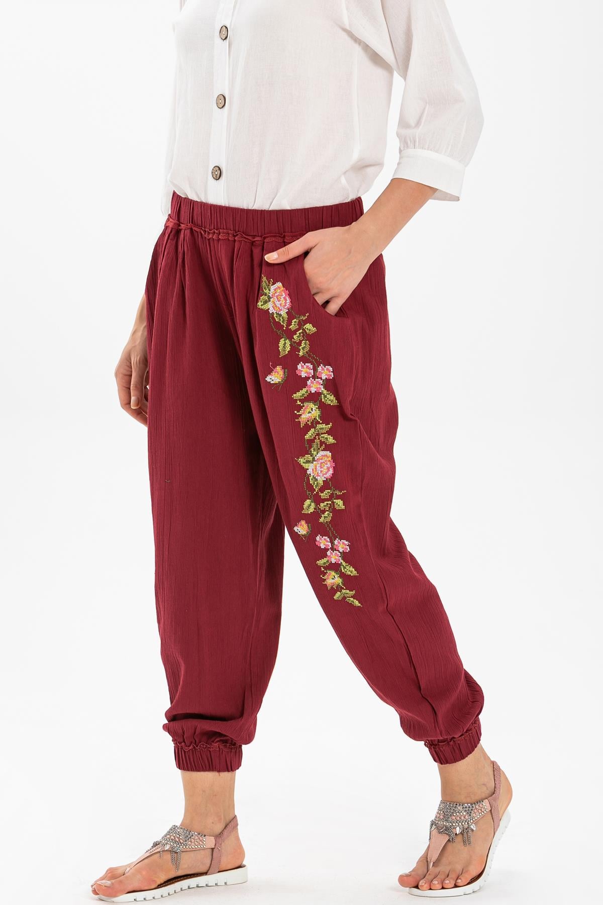 Embroidered Sile Fabric Asya Shalwar Claret Red