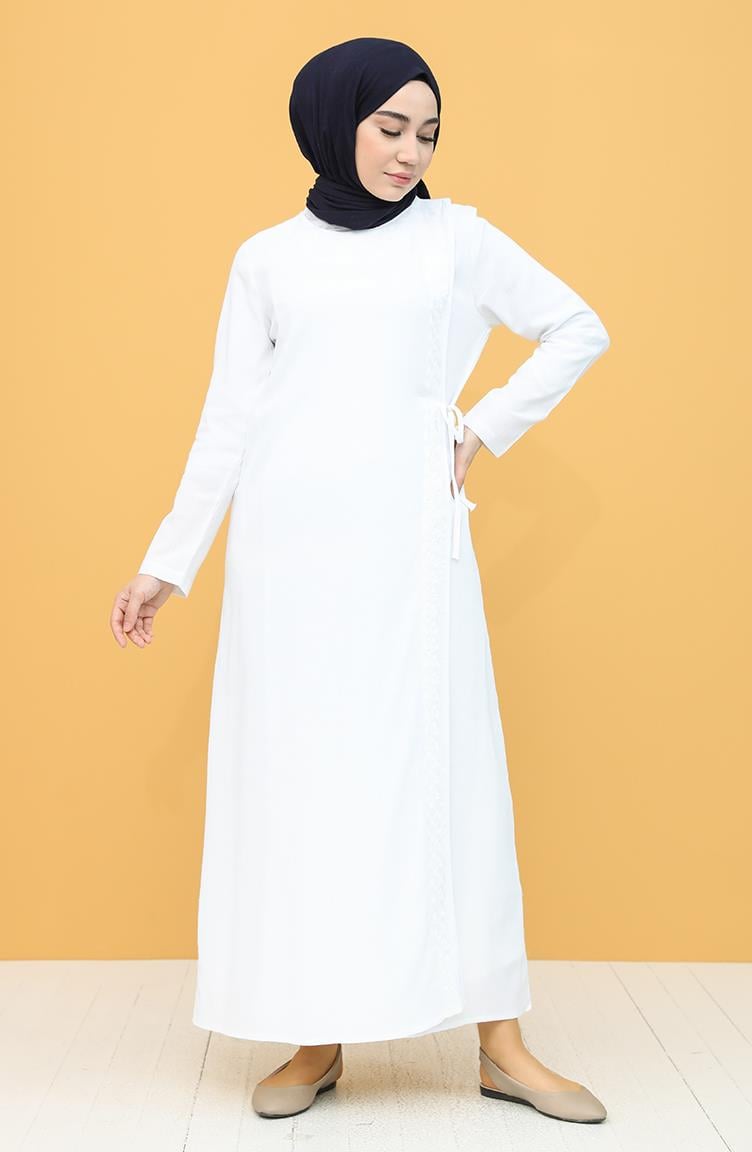 Embroidered Sile Fabric Abaya White