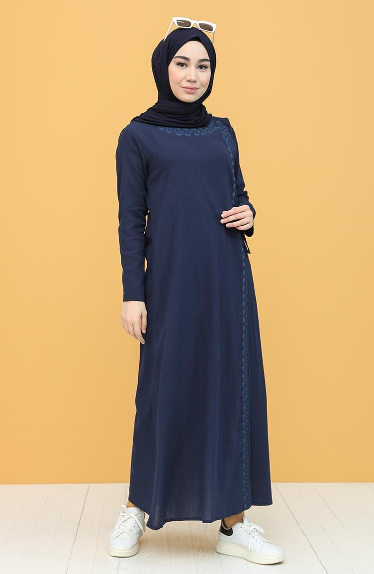 Embroidered Sile Fabric Abaya Navy Blue