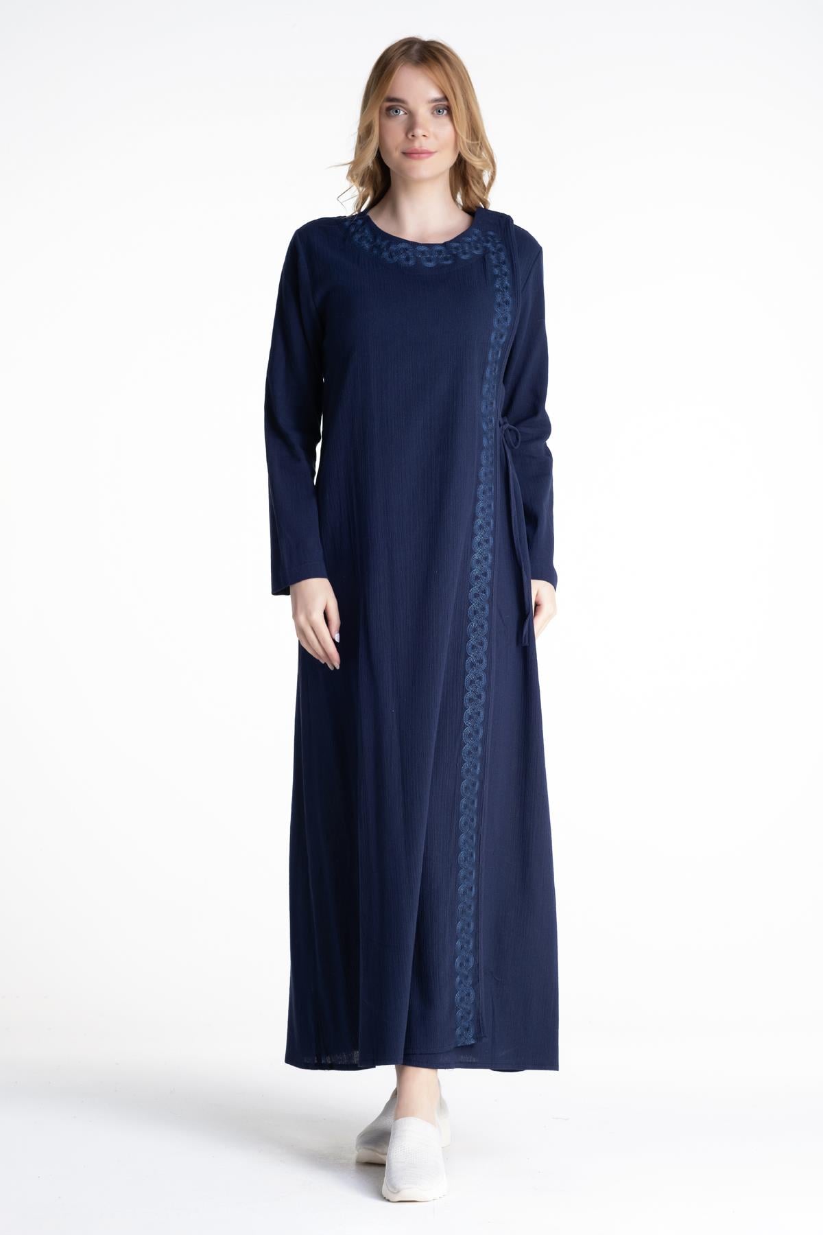Embroidered Sile Fabric Abaya Navy Blue