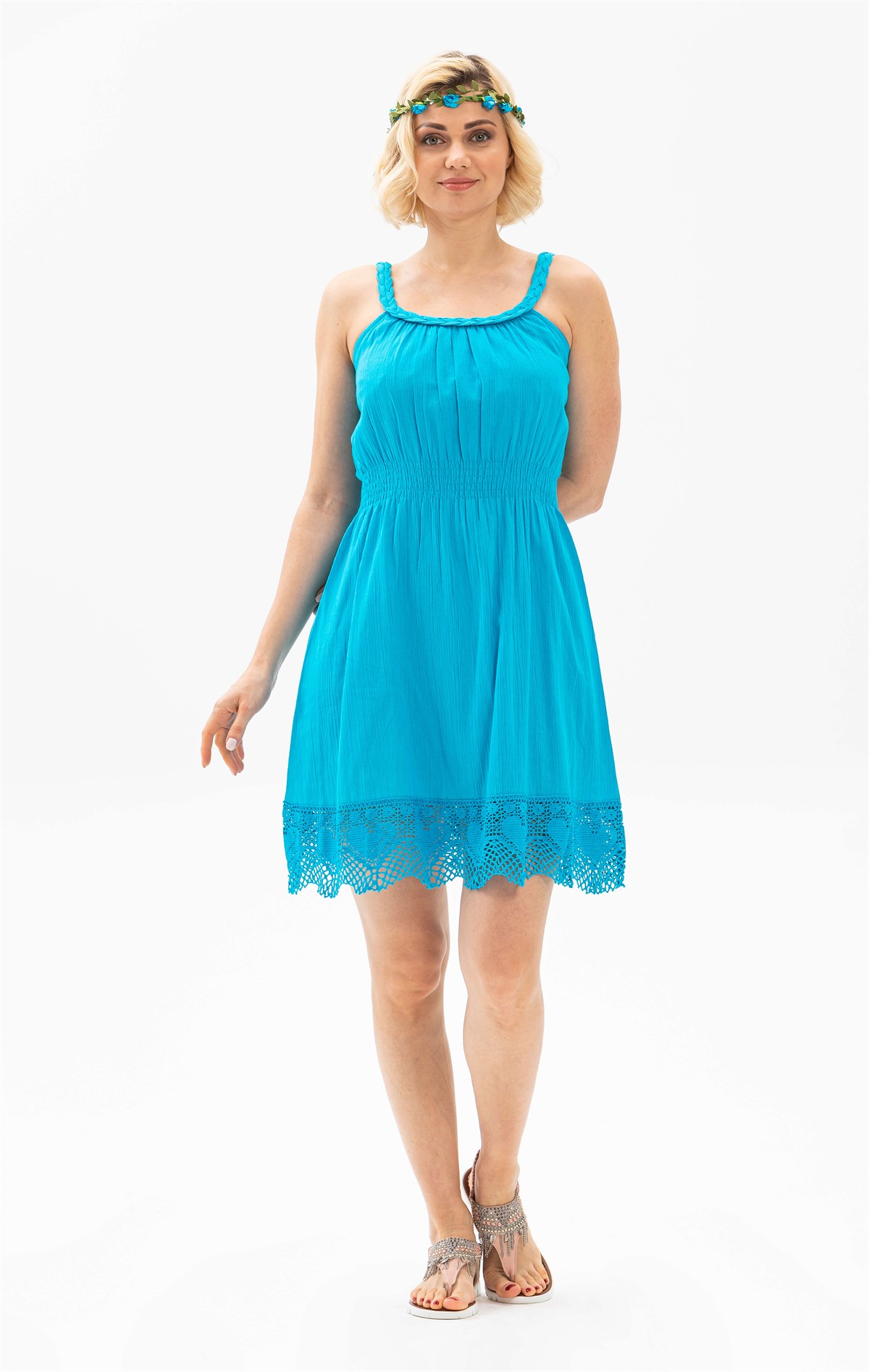 Örgülü Şile Bezi Elbise Turkuaz