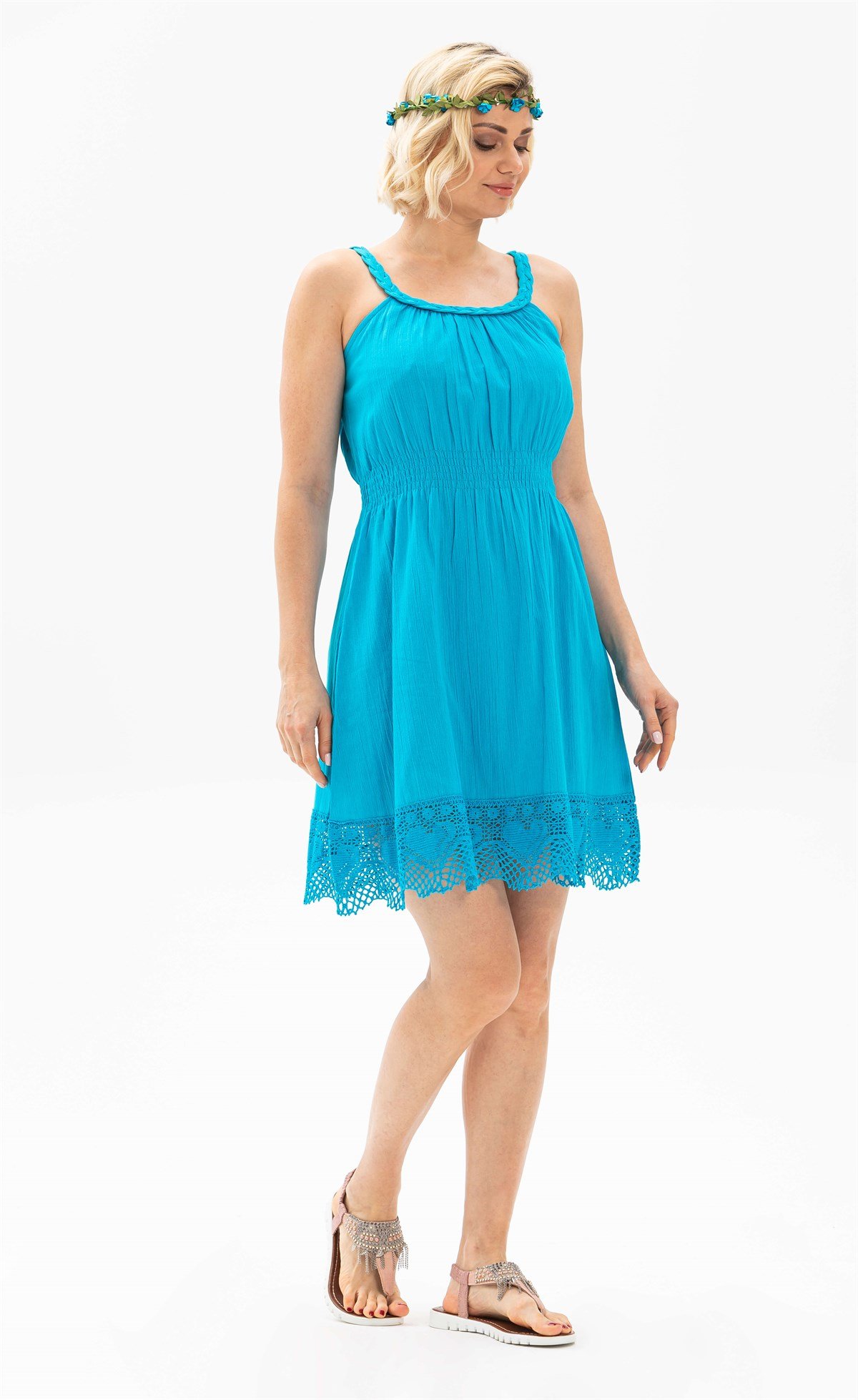 Örgülü Şile Bezi Elbise Turkuaz