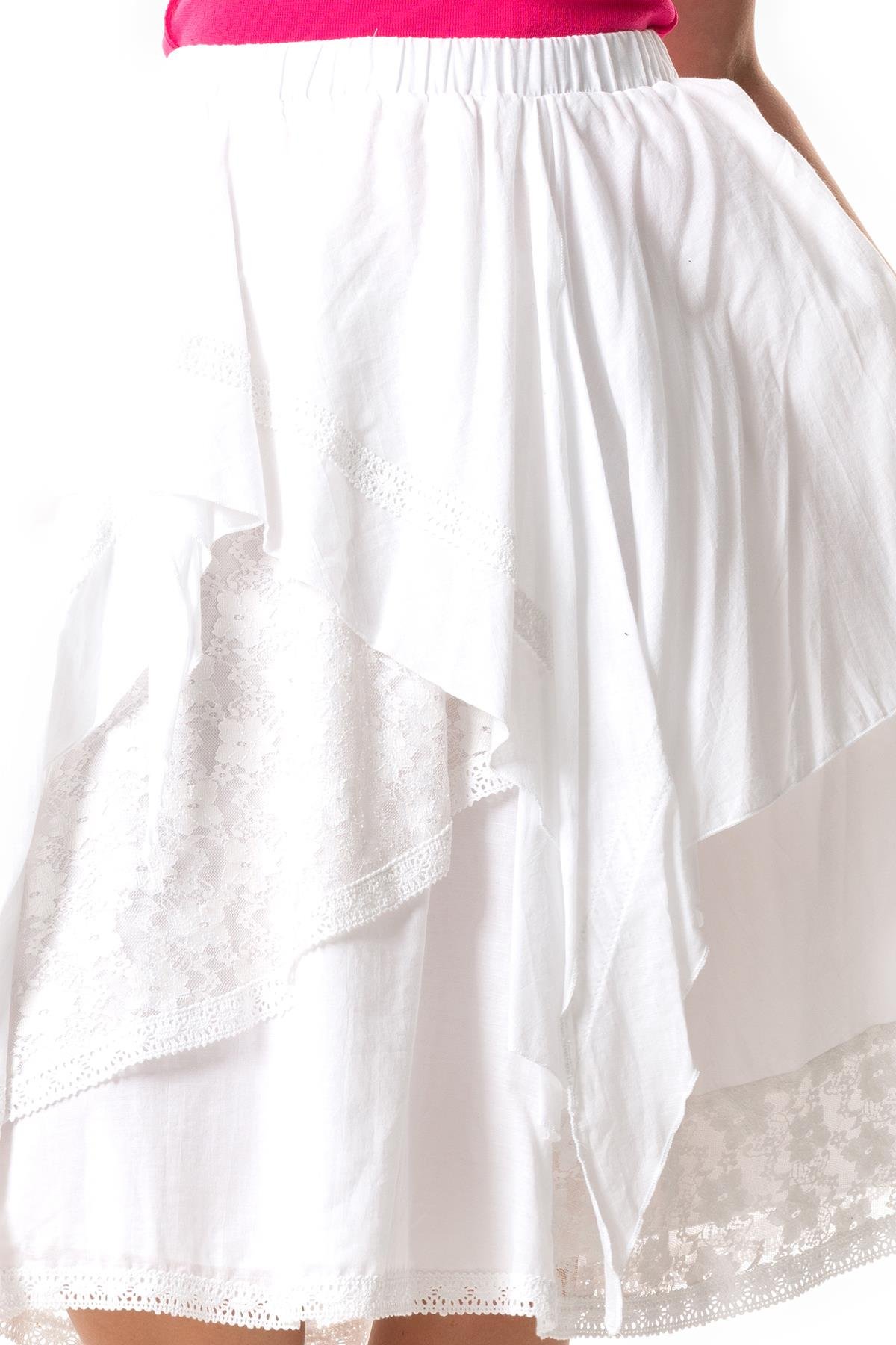 Salkım Vual Dantelli Saçaklı Uzun Yazlık Otantik Etek Beyaz Byz