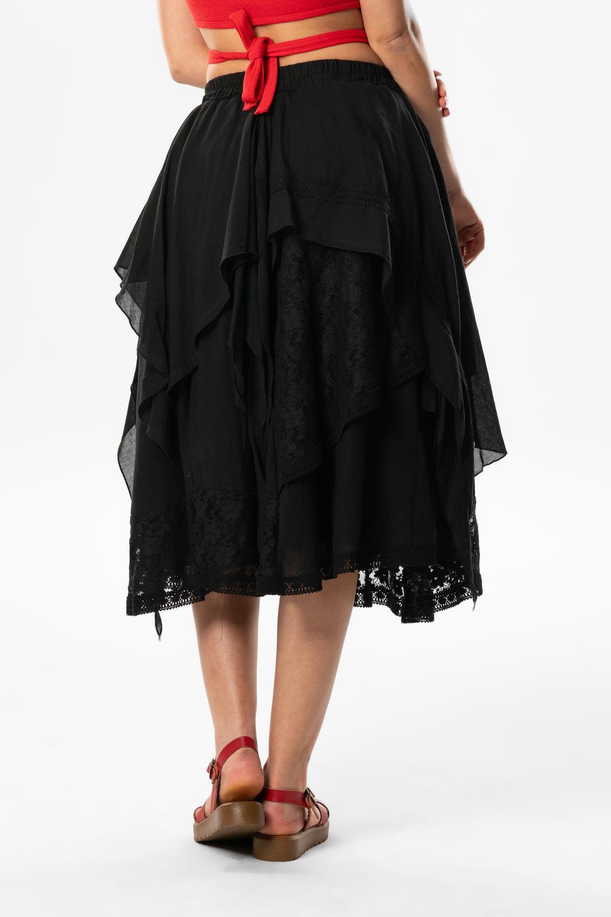 Salkım Vual Dantelli Saçaklı Uzun Yazlık Otantik Etek Siyah Syh