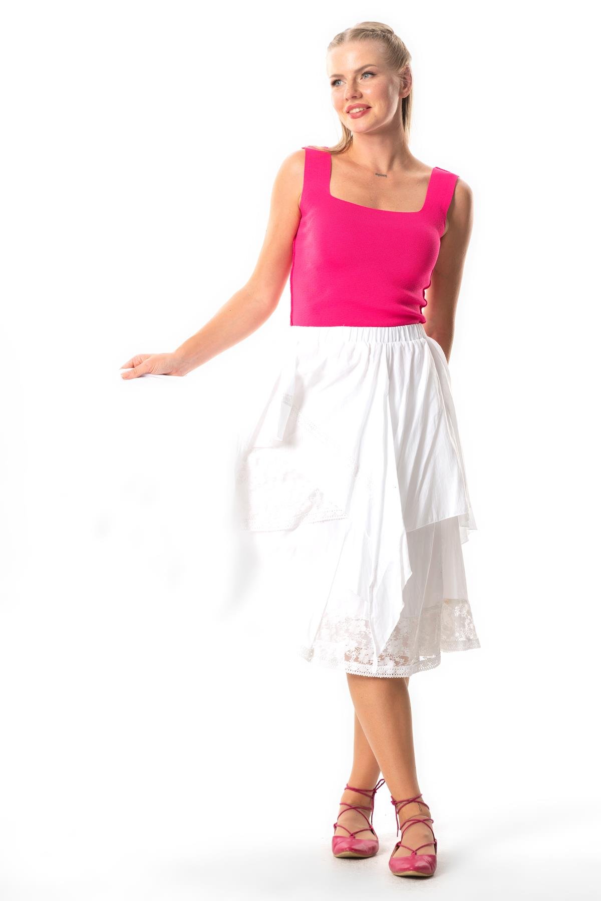 Salkım Vual Dantelli Saçaklı Uzun Yazlık Otantik Etek Beyaz Byz