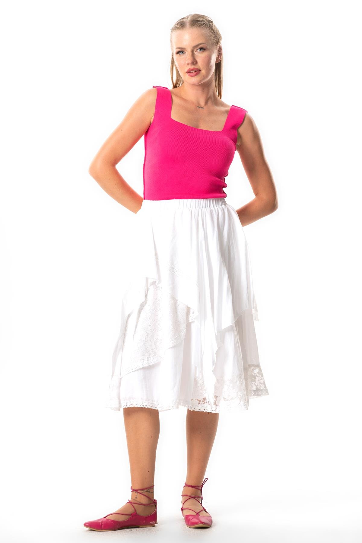 Salkım Vual Dantelli Saçaklı Uzun Yazlık Otantik Etek Beyaz Byz