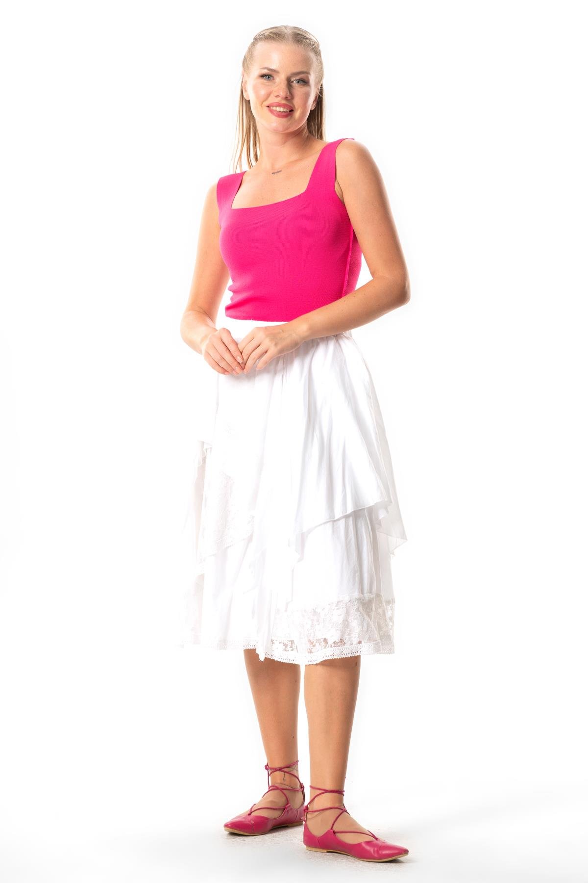 Salkım Vual Dantelli Saçaklı Uzun Yazlık Otantik Etek Beyaz Byz