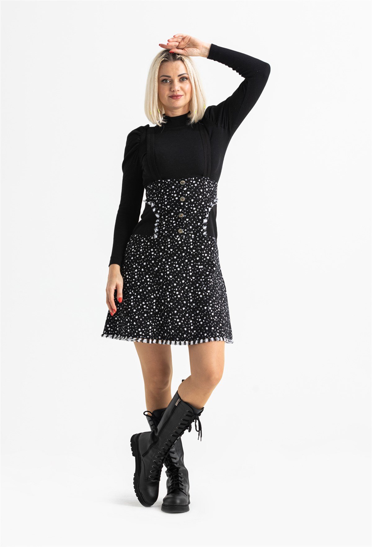 Salopet Pazen Kısa Etek Çıtır Desen Beyaz Byz