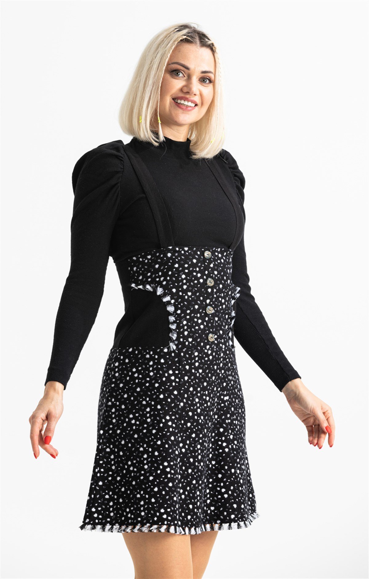 Salopet Pazen Kısa Etek Çıtır Desen Beyaz Byz