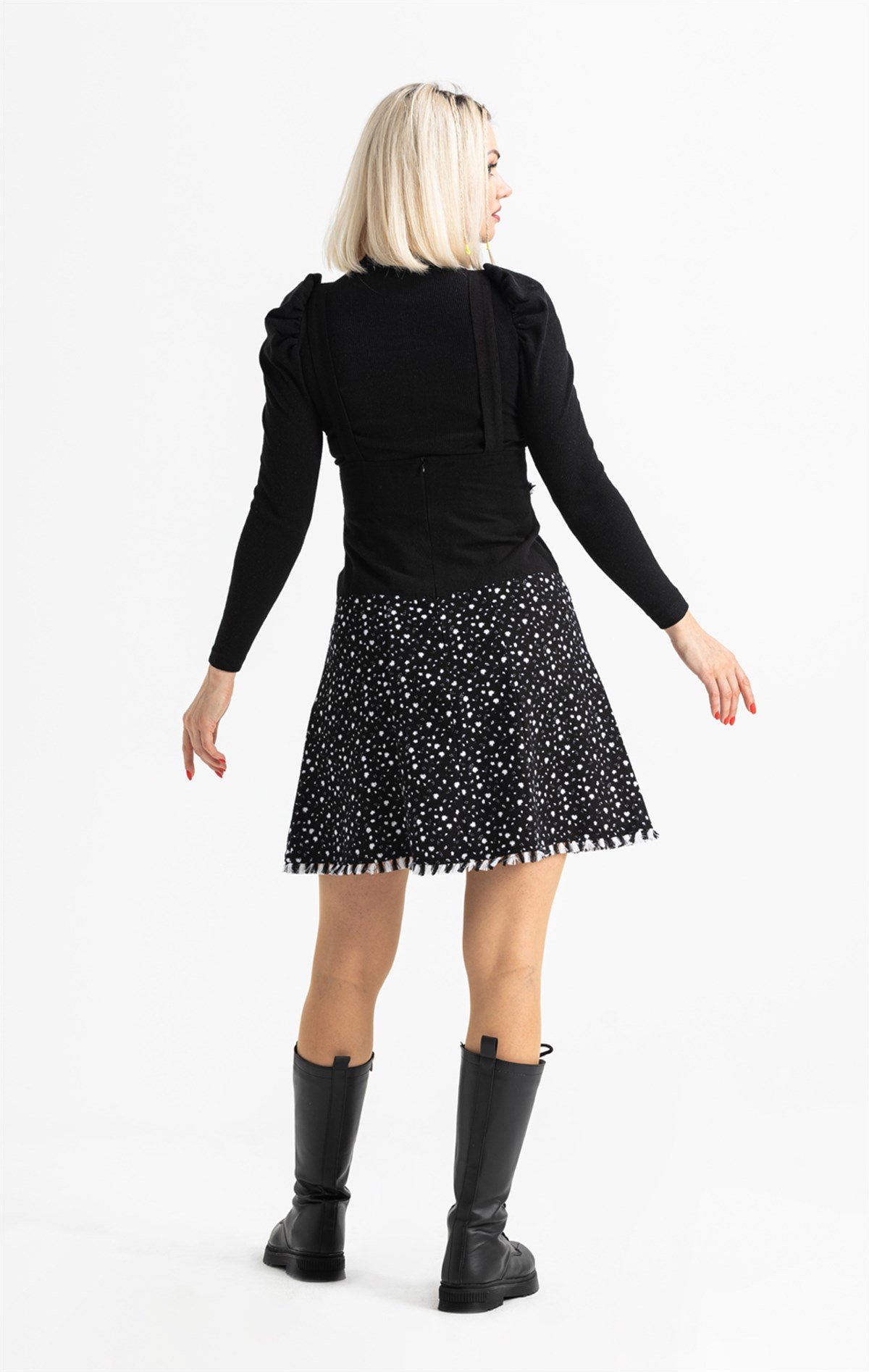 Salopet Pazen Kısa Etek Çıtır Desen Beyaz Byz