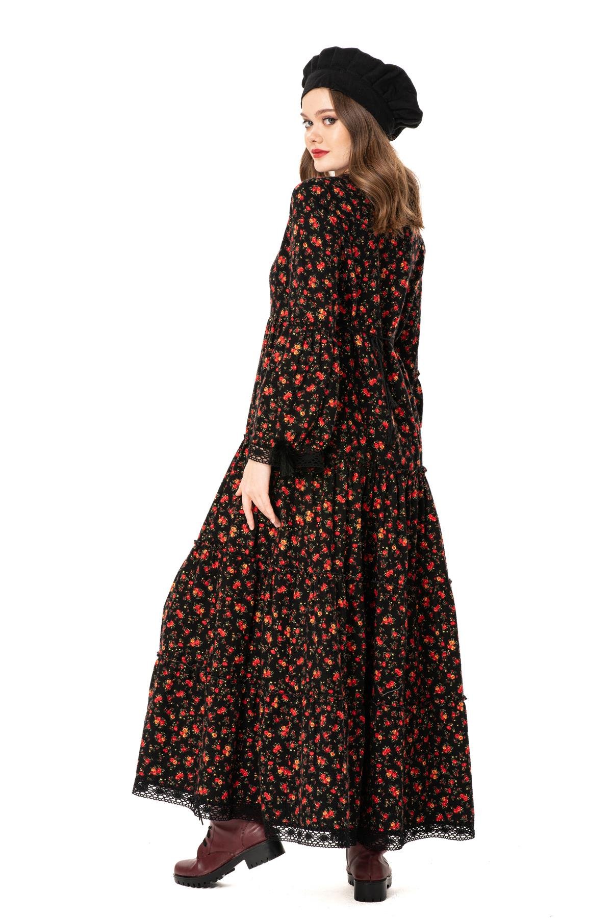 Seçil Pazen Uzun Elbise Gül Desen Siyah Syh