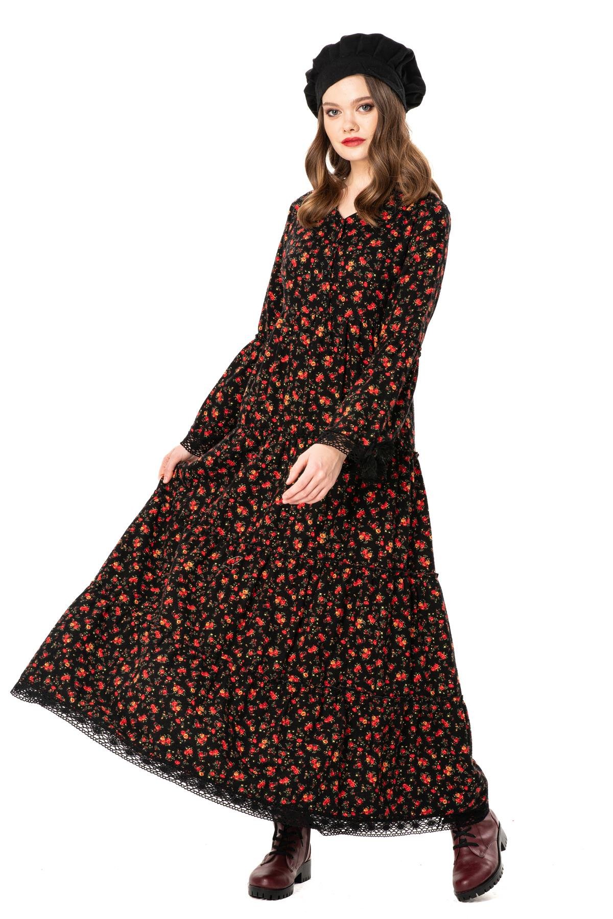 Seçil Pazen Uzun Elbise Gül Desen Siyah Syh