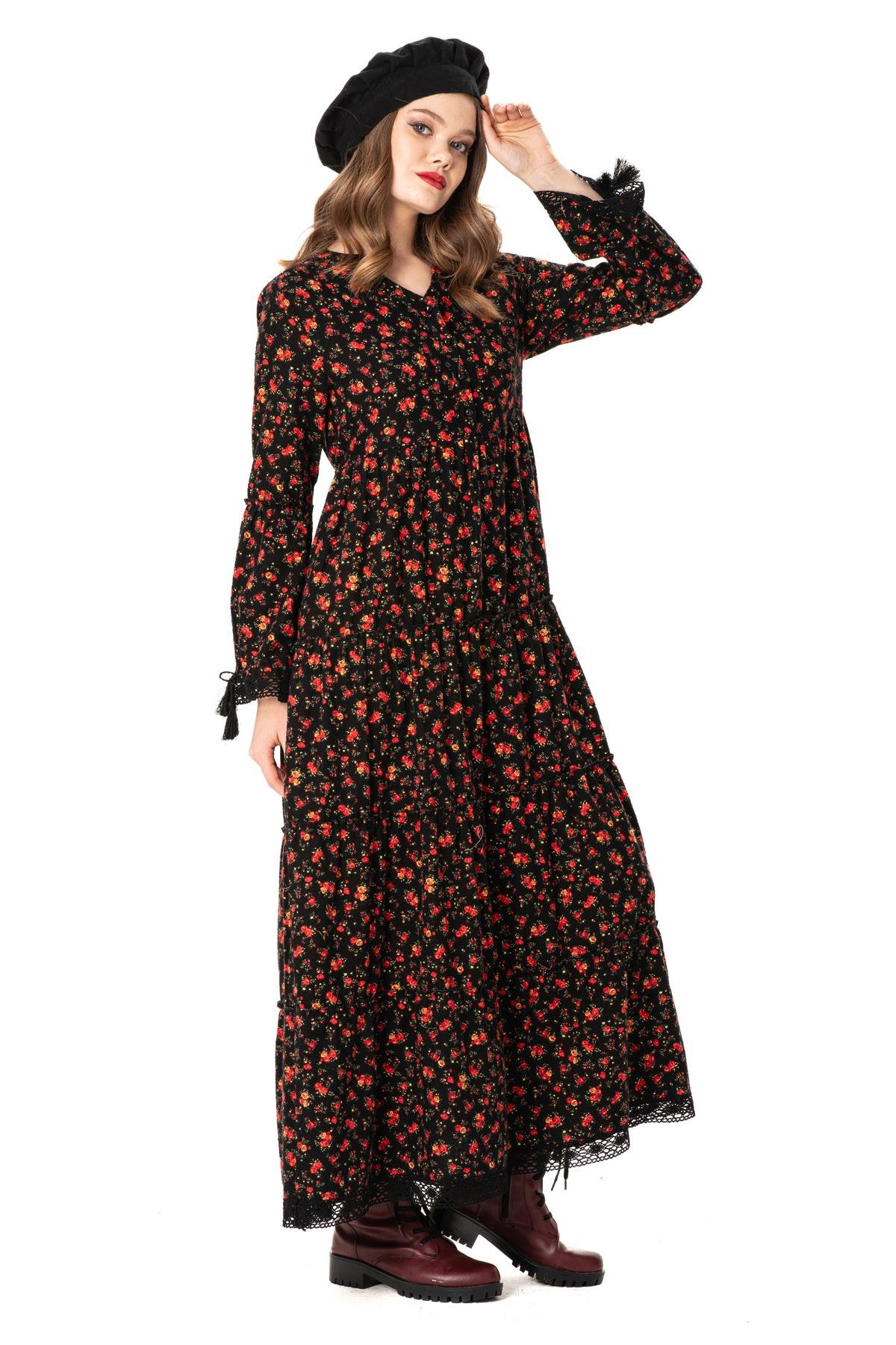 Seçil Pazen Uzun Elbise Gül Desen Siyah Syh