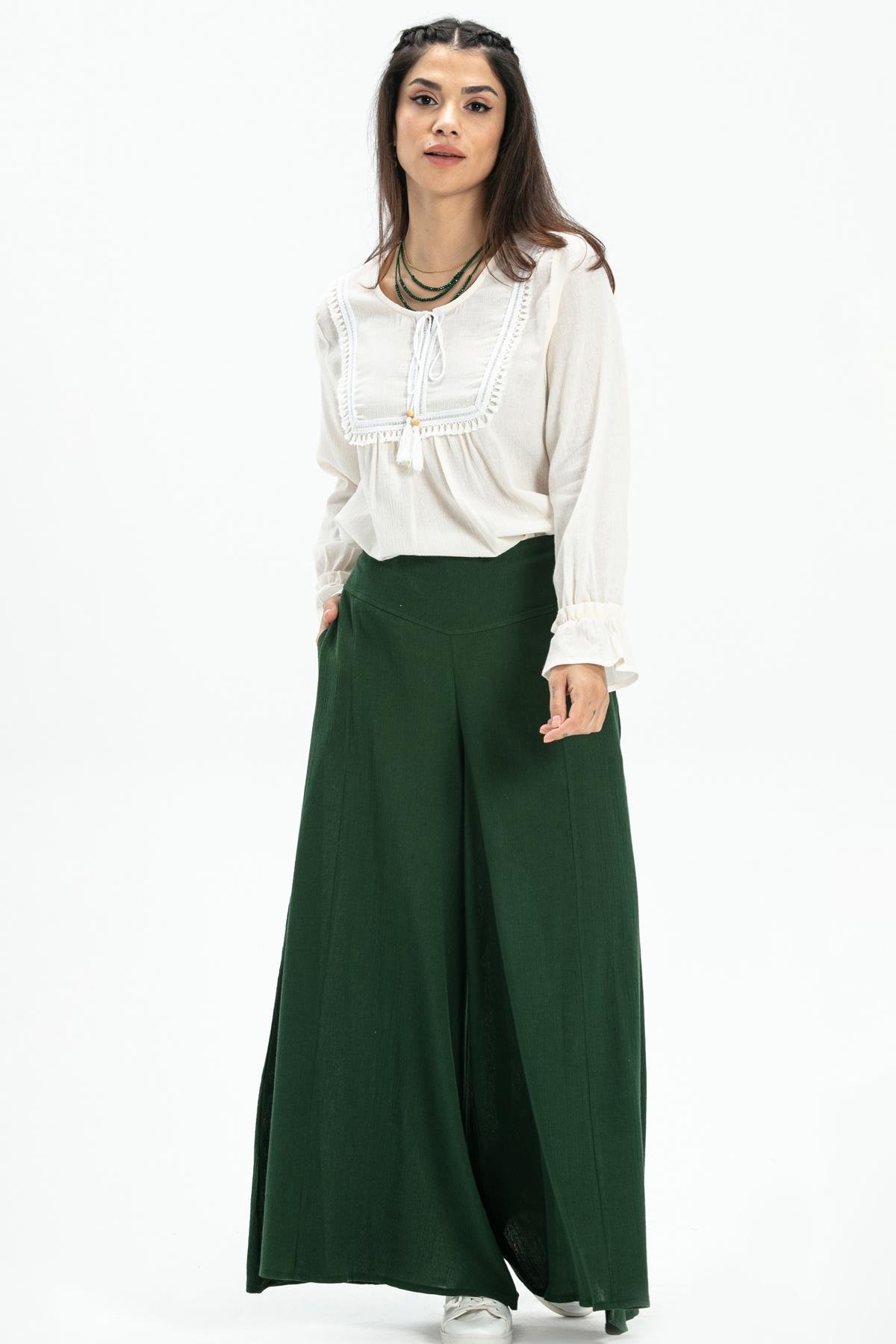 Şile Bezi Bol Paça Pantolon Yeşil Ysl