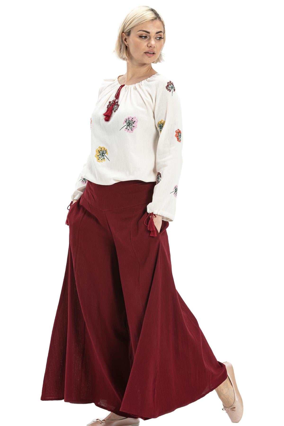 Şile Bezi Bol Paça Yazlık Pantolon Bordo Brd
