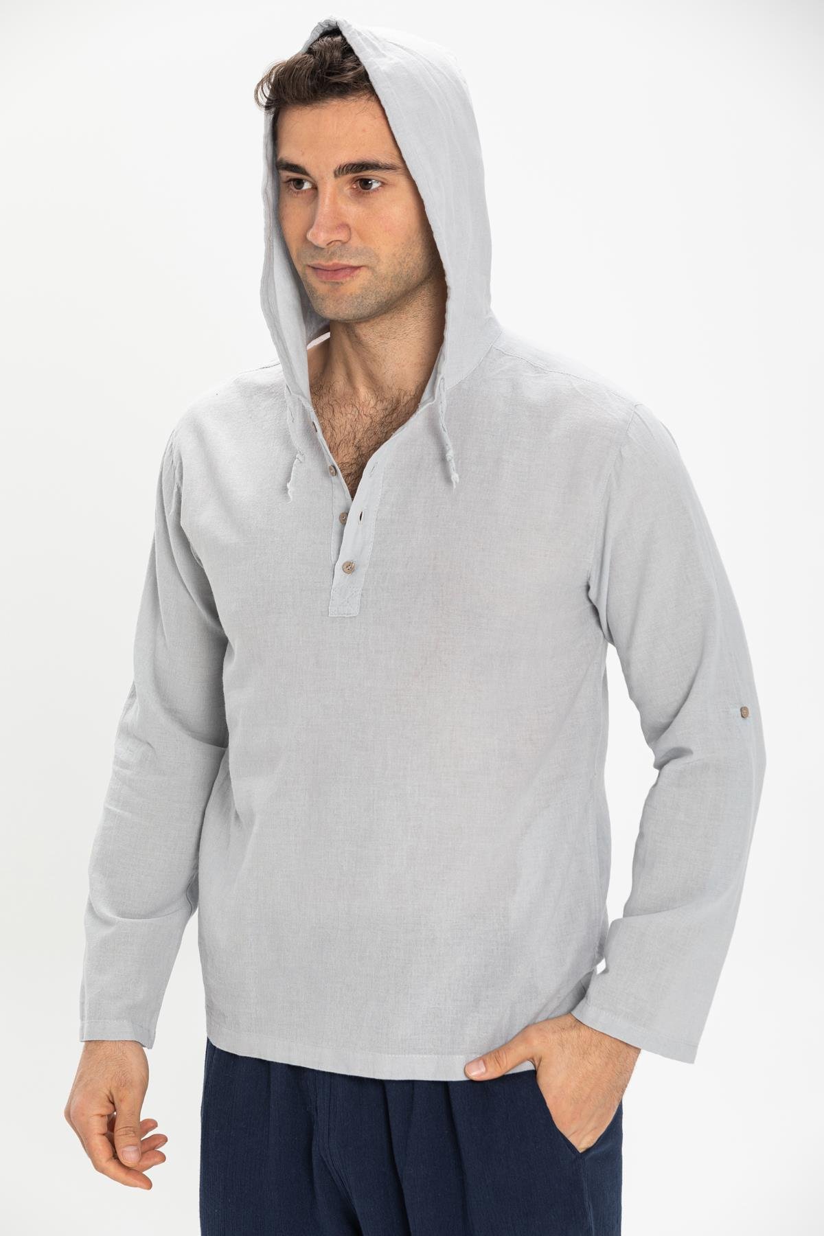 Şile Bezi Çift Cepli Kapüşonlu Erkek Sweatshirt Gri Gri