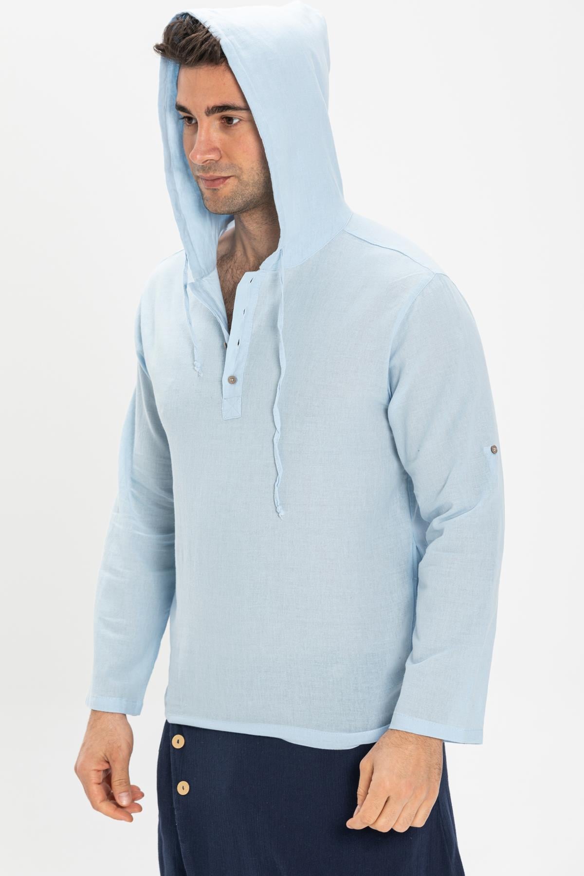Şile Bezi Çift Cepli Kapüşonlu Erkek Sweatshirt Buz Mavi Bmv