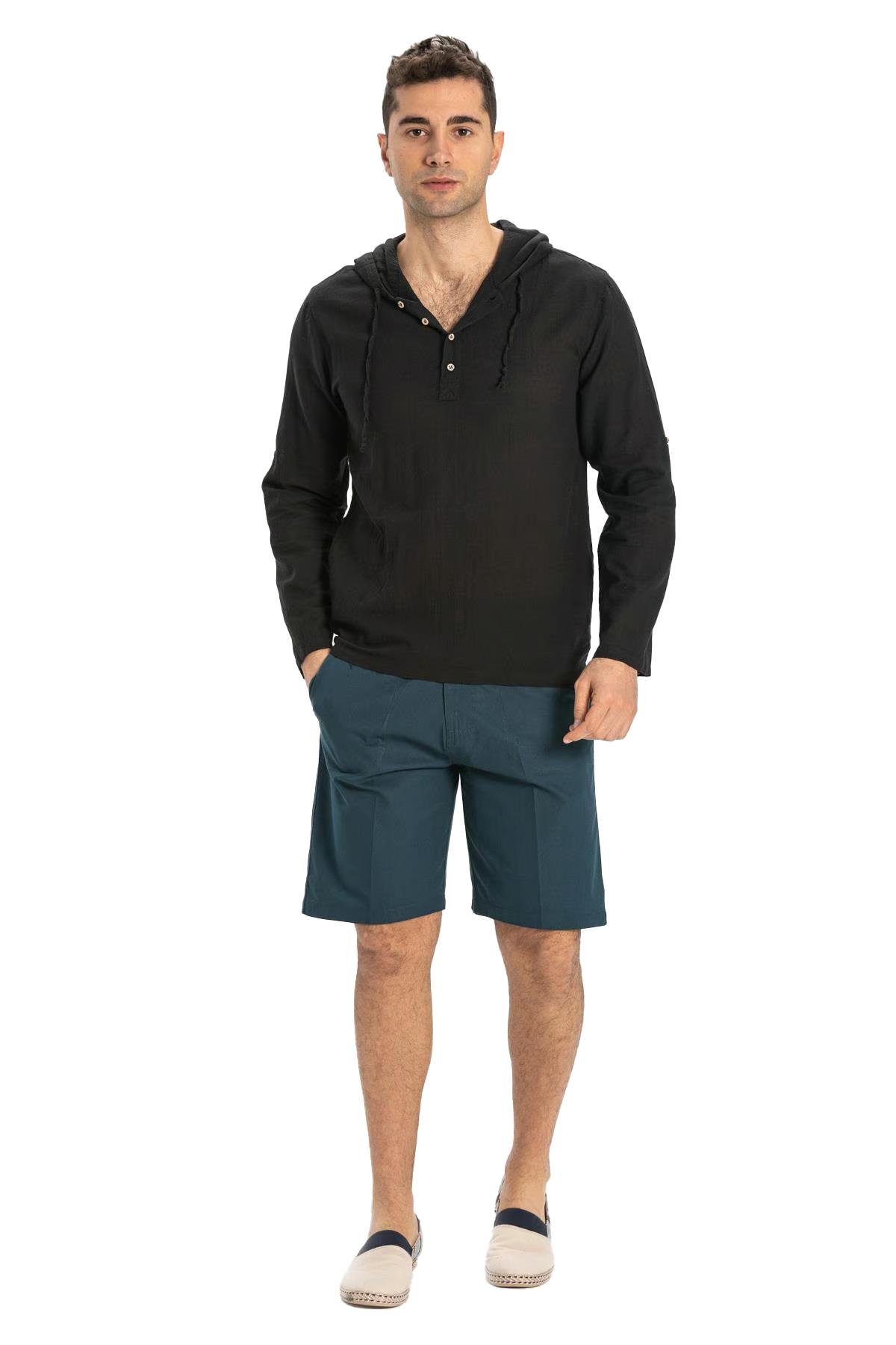 Şile Bezi Çift Cepli Kapüşonlu Erkek Sweatshirt Siyah Syh