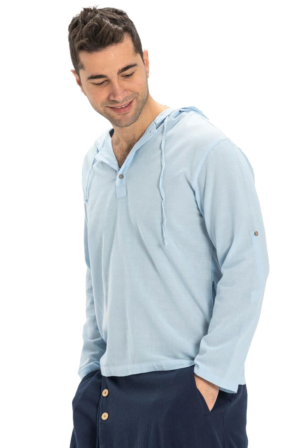 Şile Bezi Çift Cepli Kapüşonlu Erkek Sweatshirt Buz Mavi Bmv