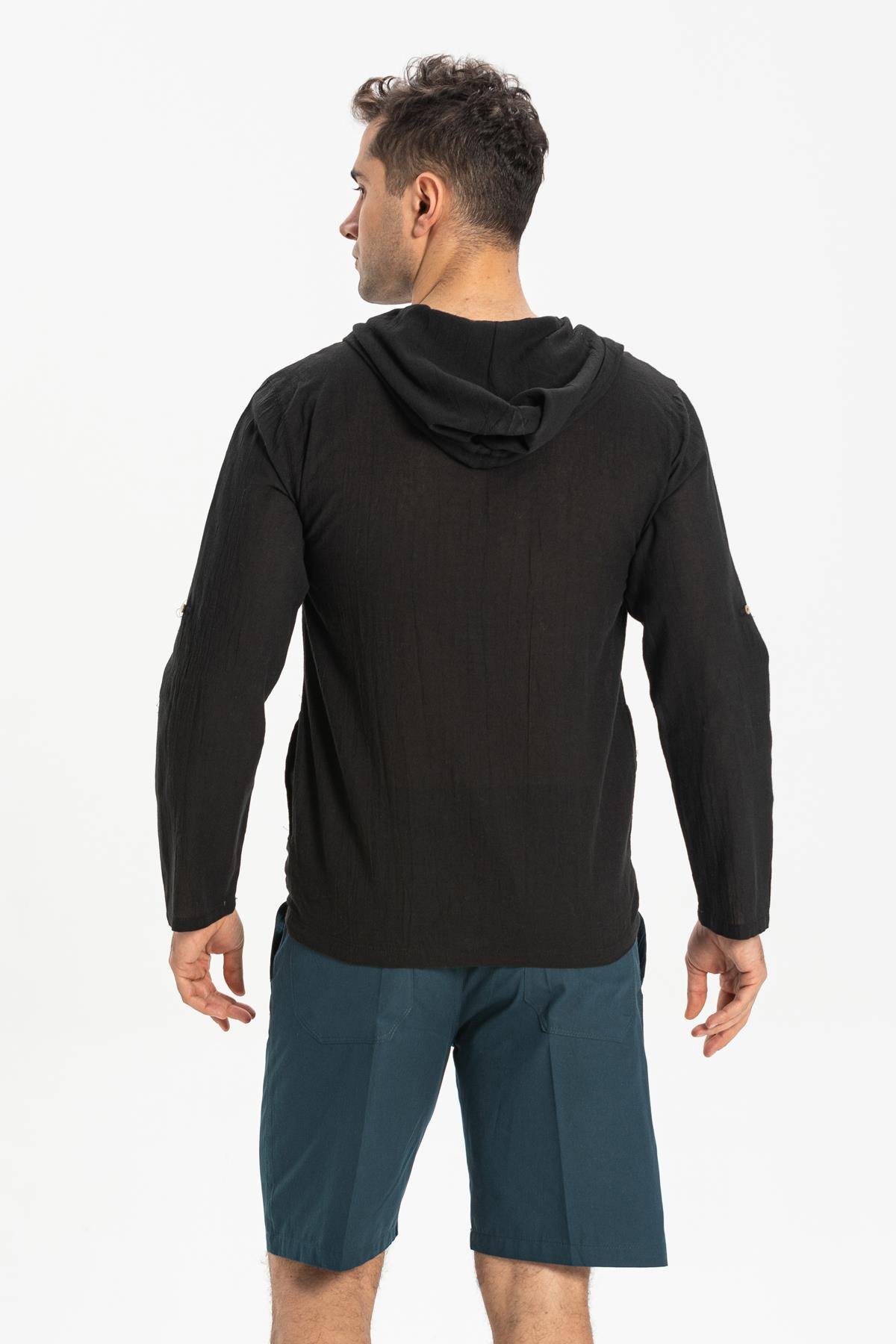 Şile Bezi Çift Cepli Kapüşonlu Erkek Sweatshirt Siyah Syh