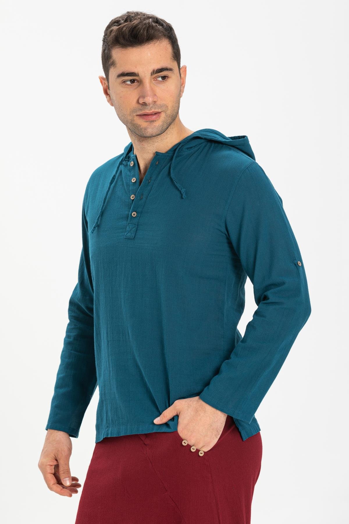 Şile Bezi Çift Cepli Kapüşonlu Erkek Sweatshirt Petrol Ptrl