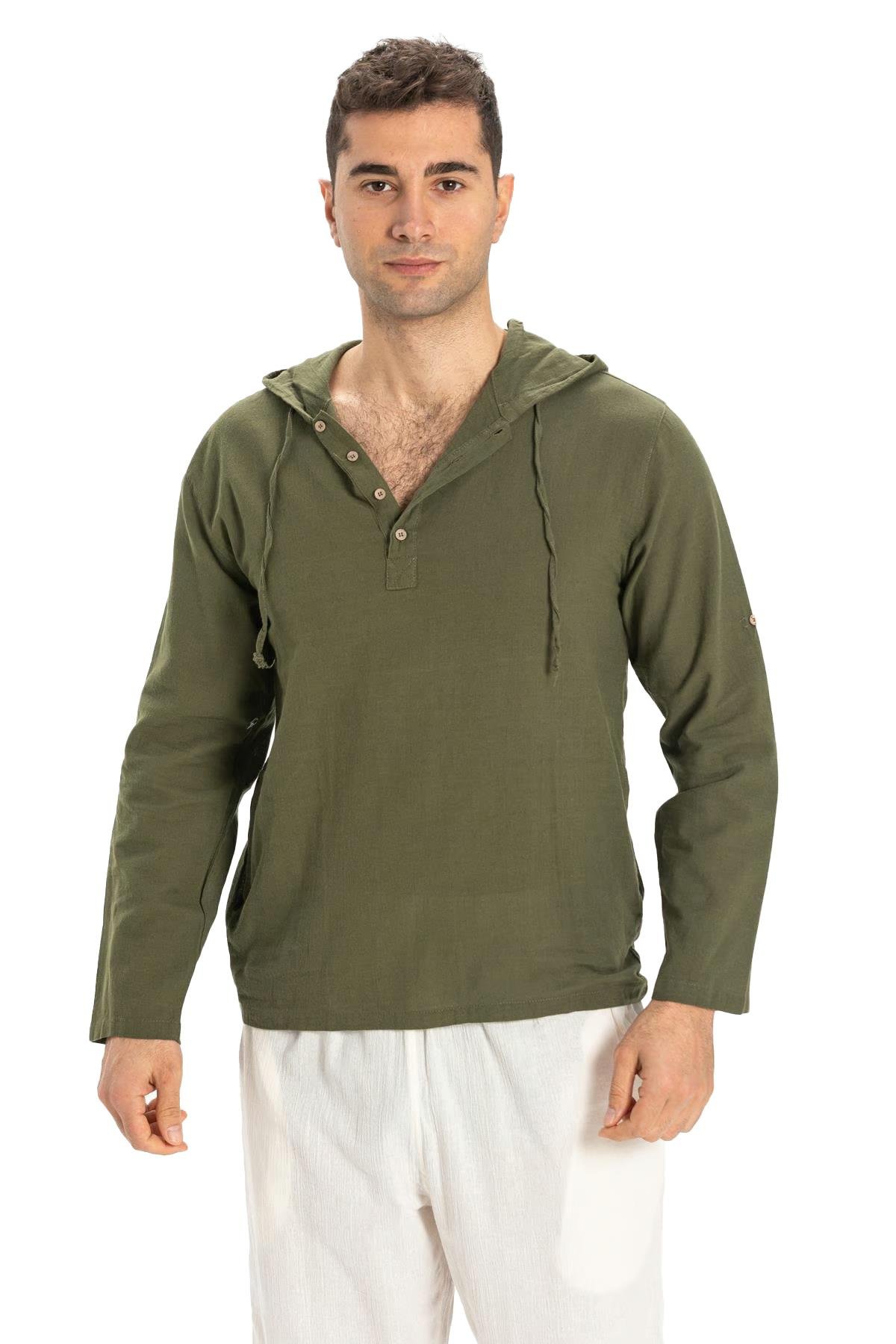 Hooded Sile Fabric Men Sweatshirt Khaki