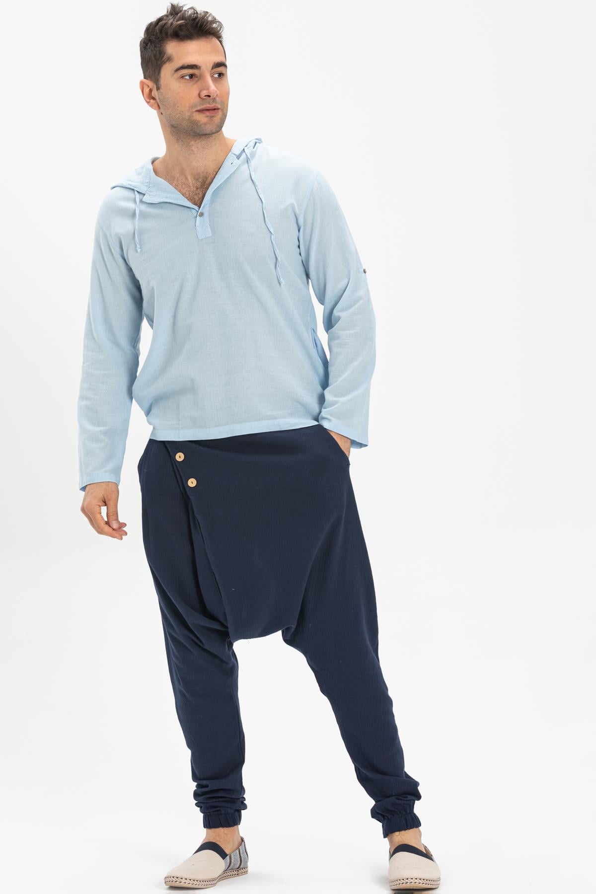 Şile Bezi Çift Cepli Kapüşonlu Erkek Sweatshirt Buz Mavi Bmv