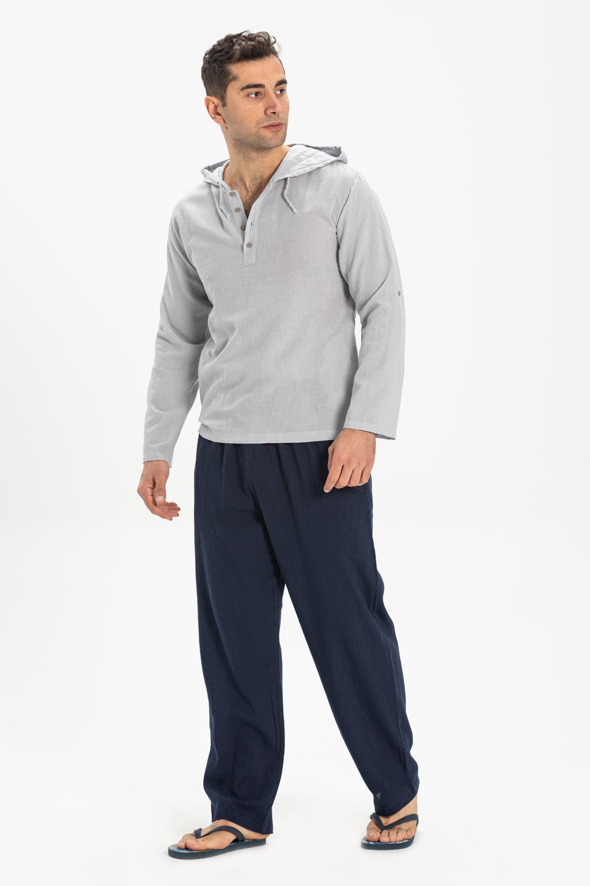 Şile Bezi Çift Cepli Kapüşonlu Erkek Sweatshirt Gri Gri