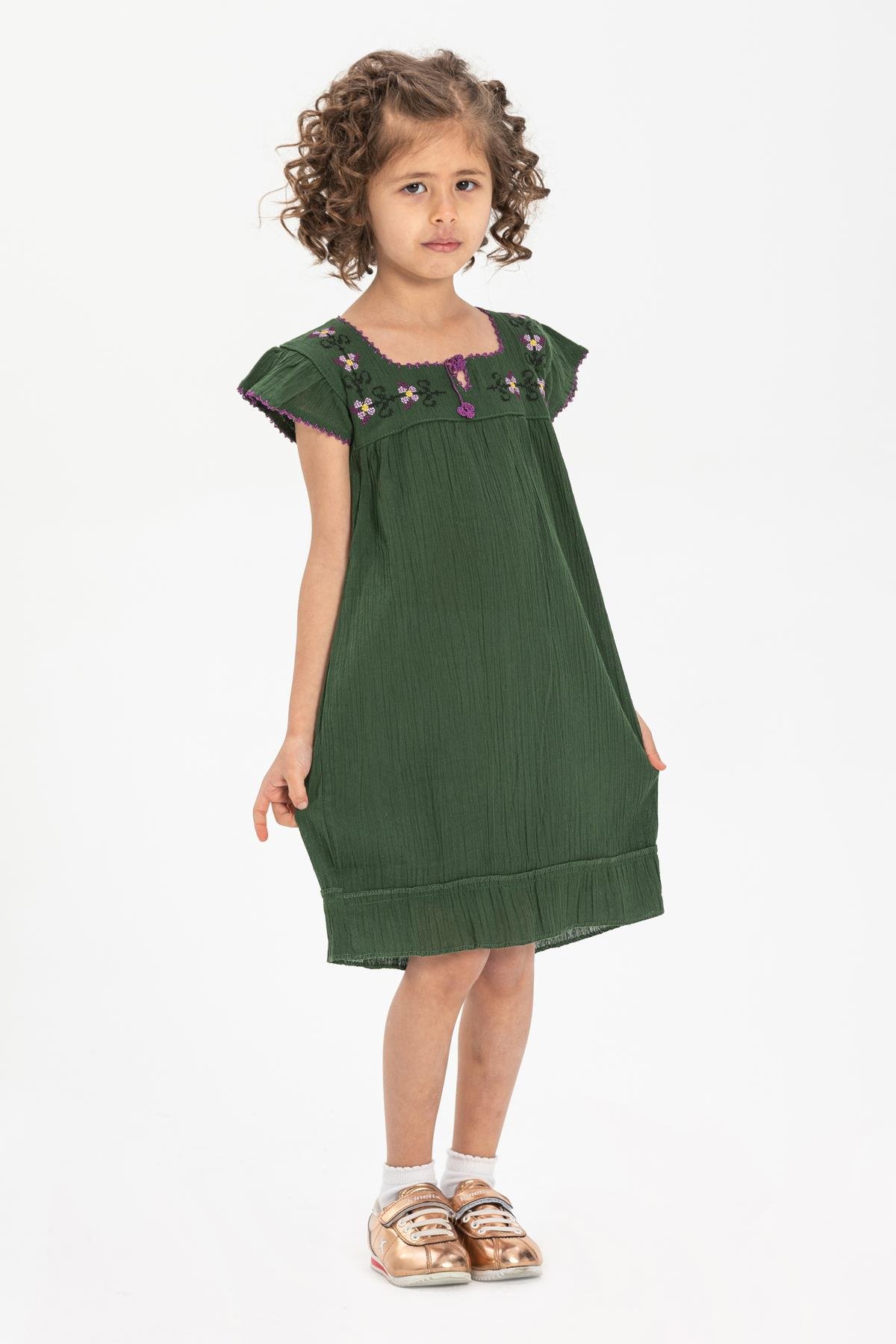 Sile Fabric Classic Girls Dress Green