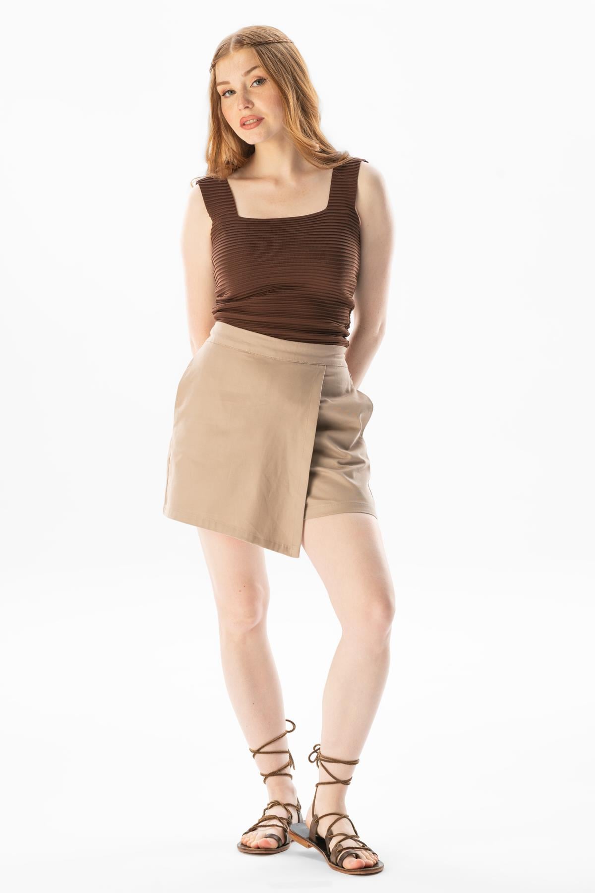 Sinem Gabardine Summer Shorts Skirt Coffee Color
