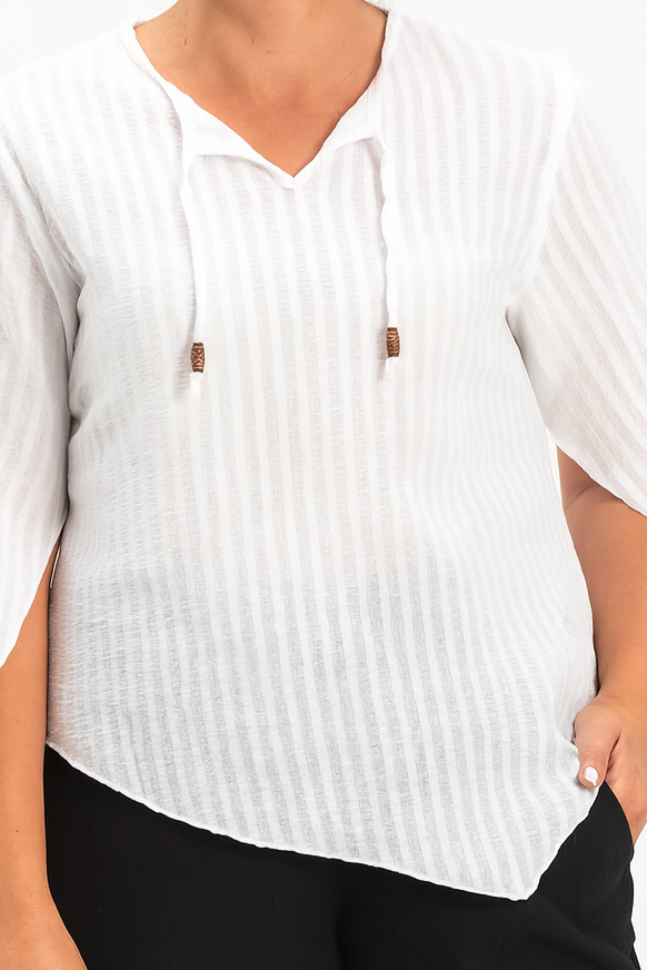 Truvakar Kol Büyük Beden Gofre Rodos Yazlık Bluz Beyaz Byz