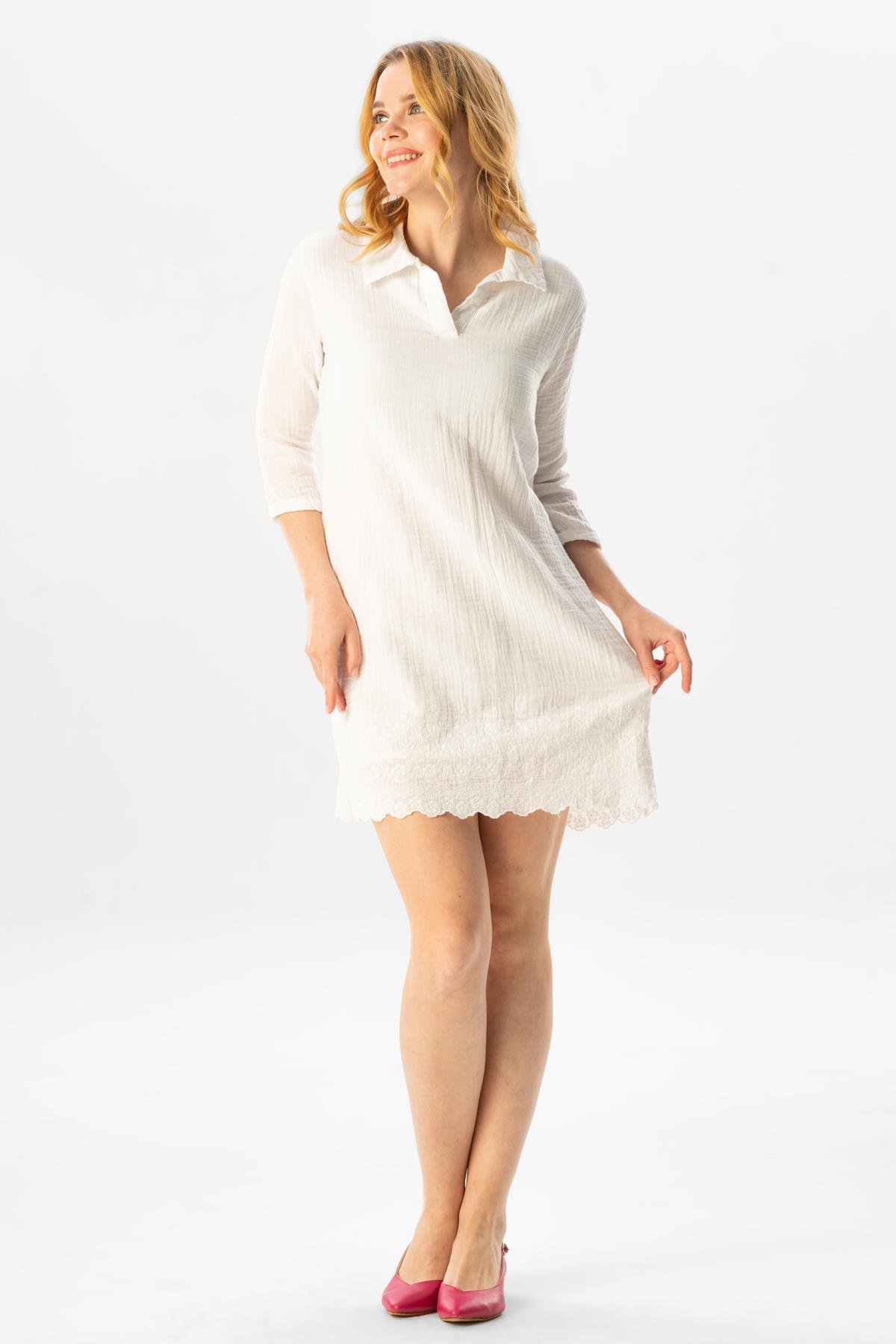 Truvakar Kol Gömlek Yaka Brode Nakış Detaylı Kısa Yazlık Elbise Beyaz Byz