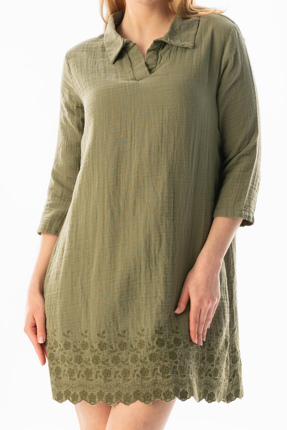 Truvakar Kol Gömlek Yaka Brode Nakış Detaylı Kısa Yazlık Elbise Haki Hk