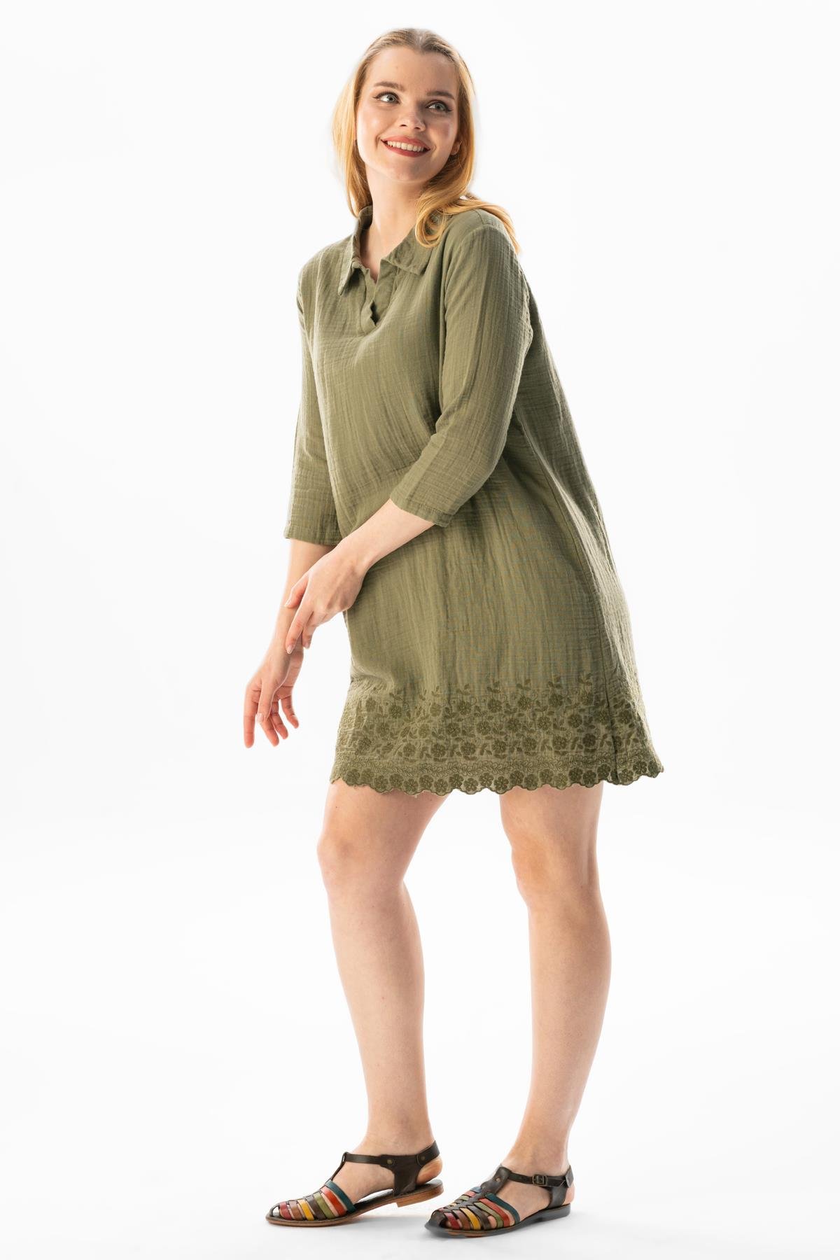 Truvakar Kol Gömlek Yaka Brode Nakış Detaylı Kısa Yazlık Elbise Haki Hk