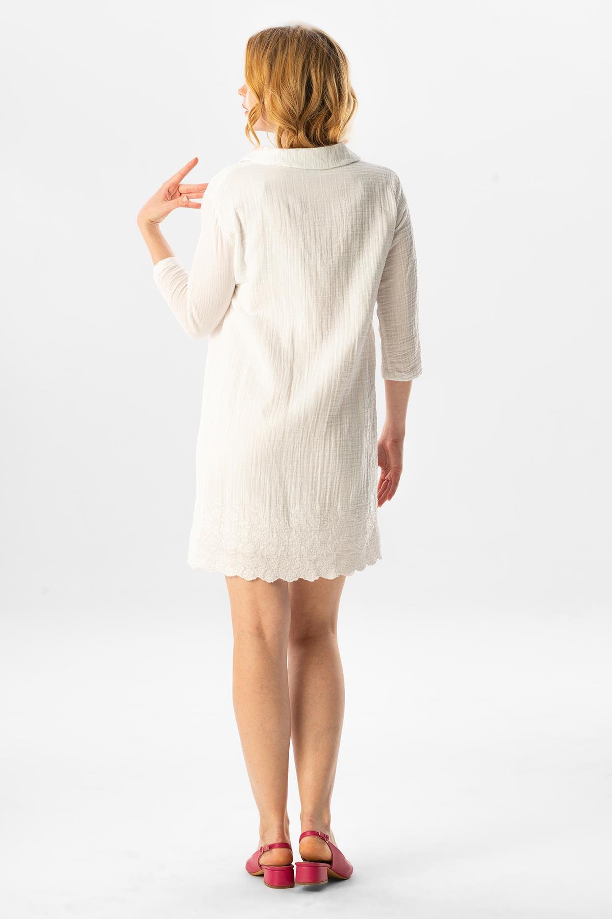 Truvakar Kol Gömlek Yaka Brode Nakış Detaylı Kısa Yazlık Elbise Beyaz Byz