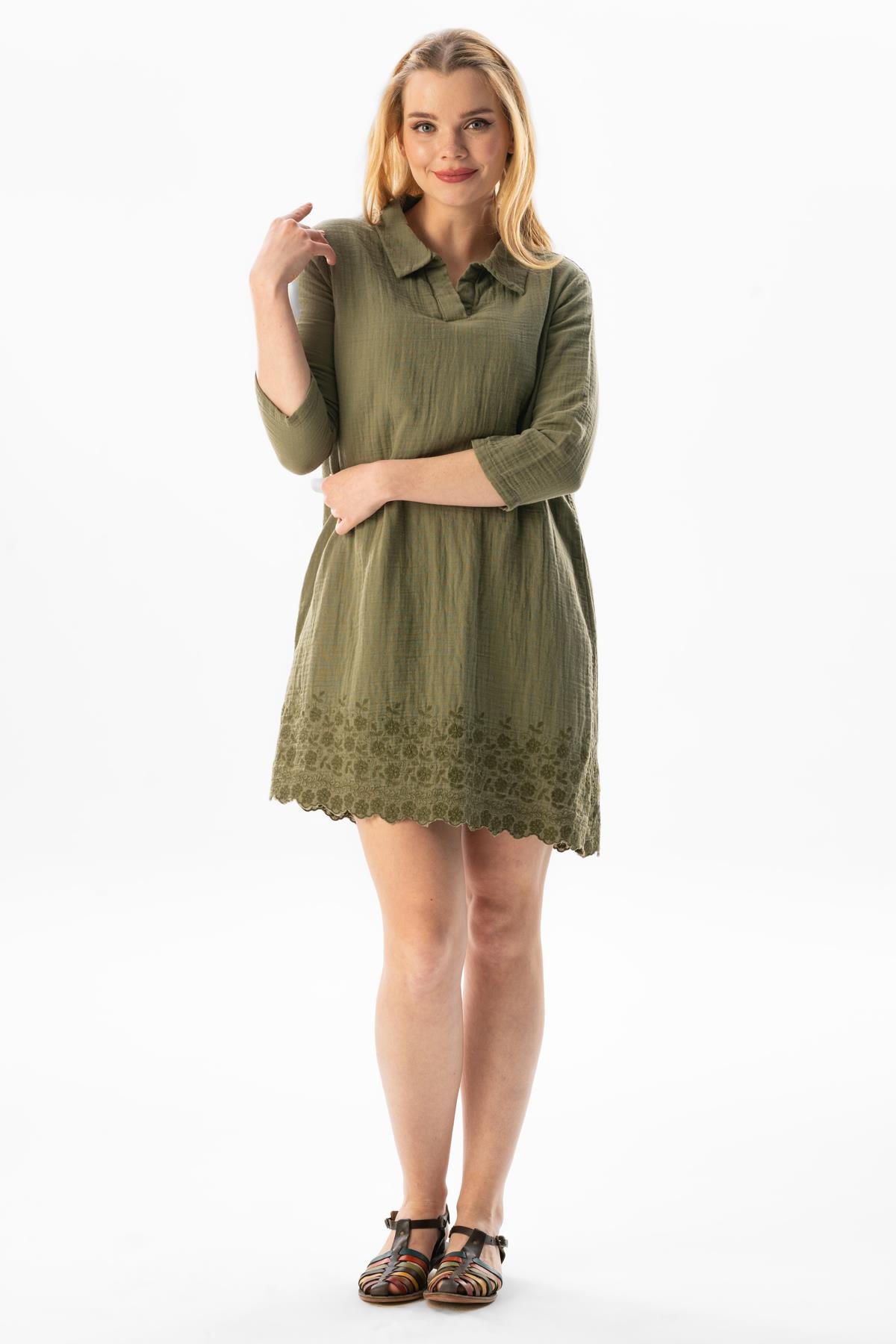 Truvakar Kol Gömlek Yaka Brode Nakış Detaylı Kısa Yazlık Elbise Haki Hk