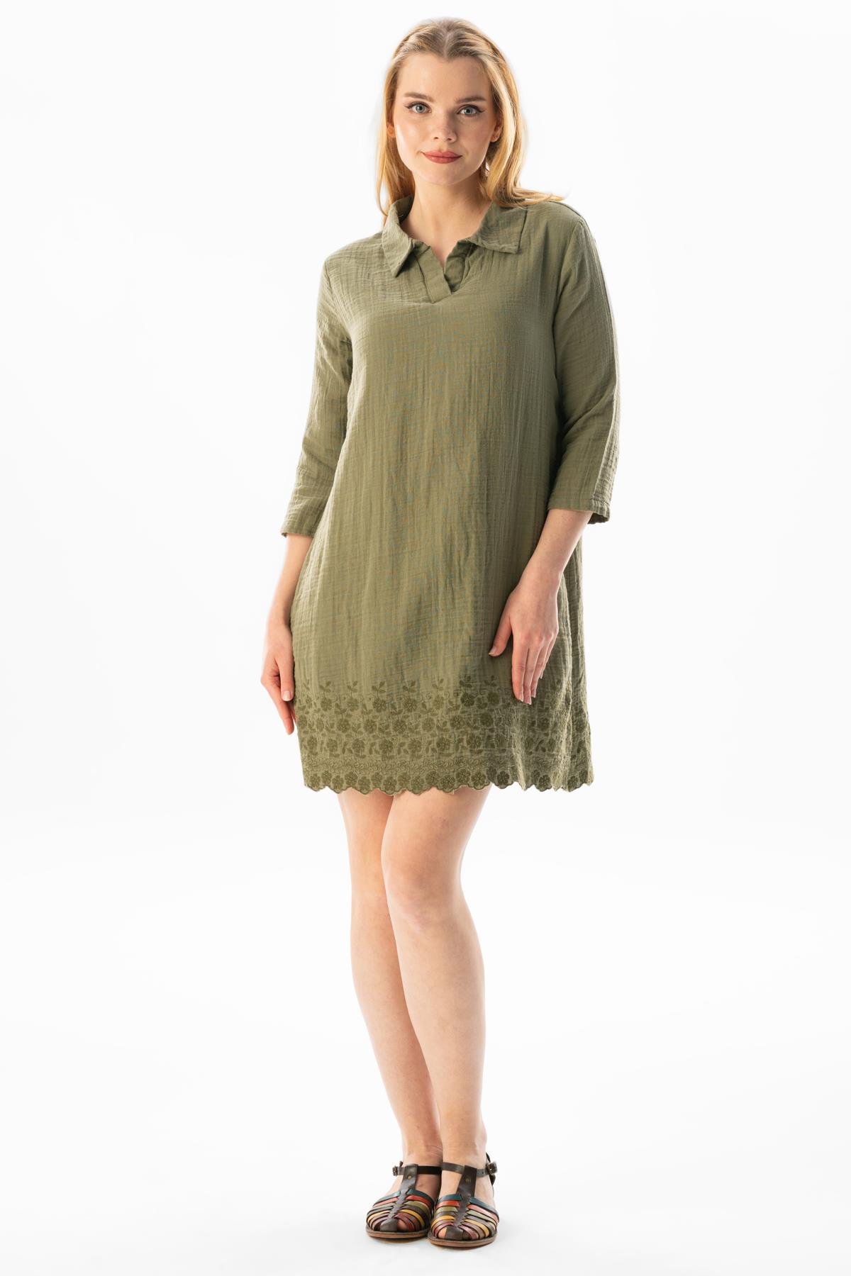 Truvakar Kol Gömlek Yaka Brode Nakış Detaylı Kısa Yazlık Elbise Haki Hk