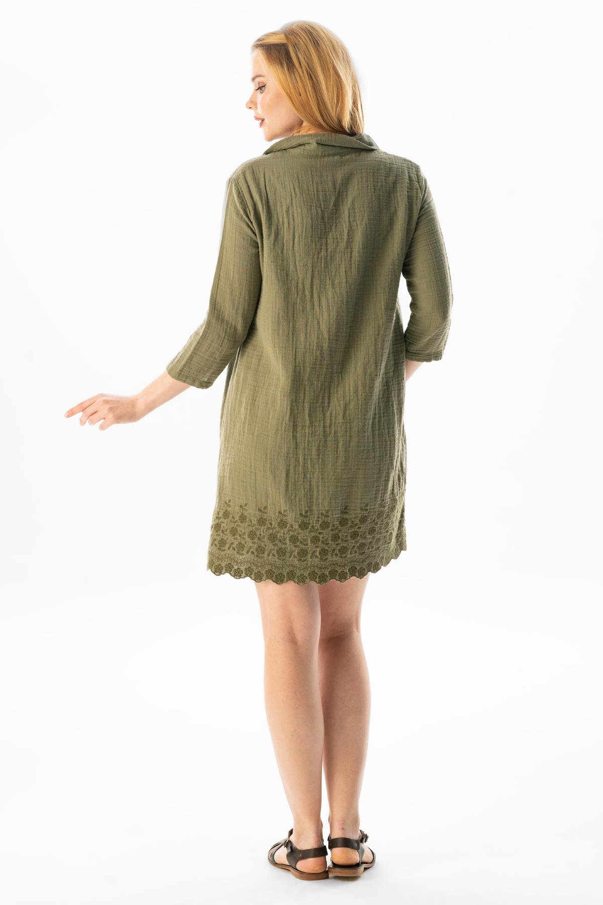 Truvakar Kol Gömlek Yaka Brode Nakış Detaylı Kısa Yazlık Elbise Haki Hk