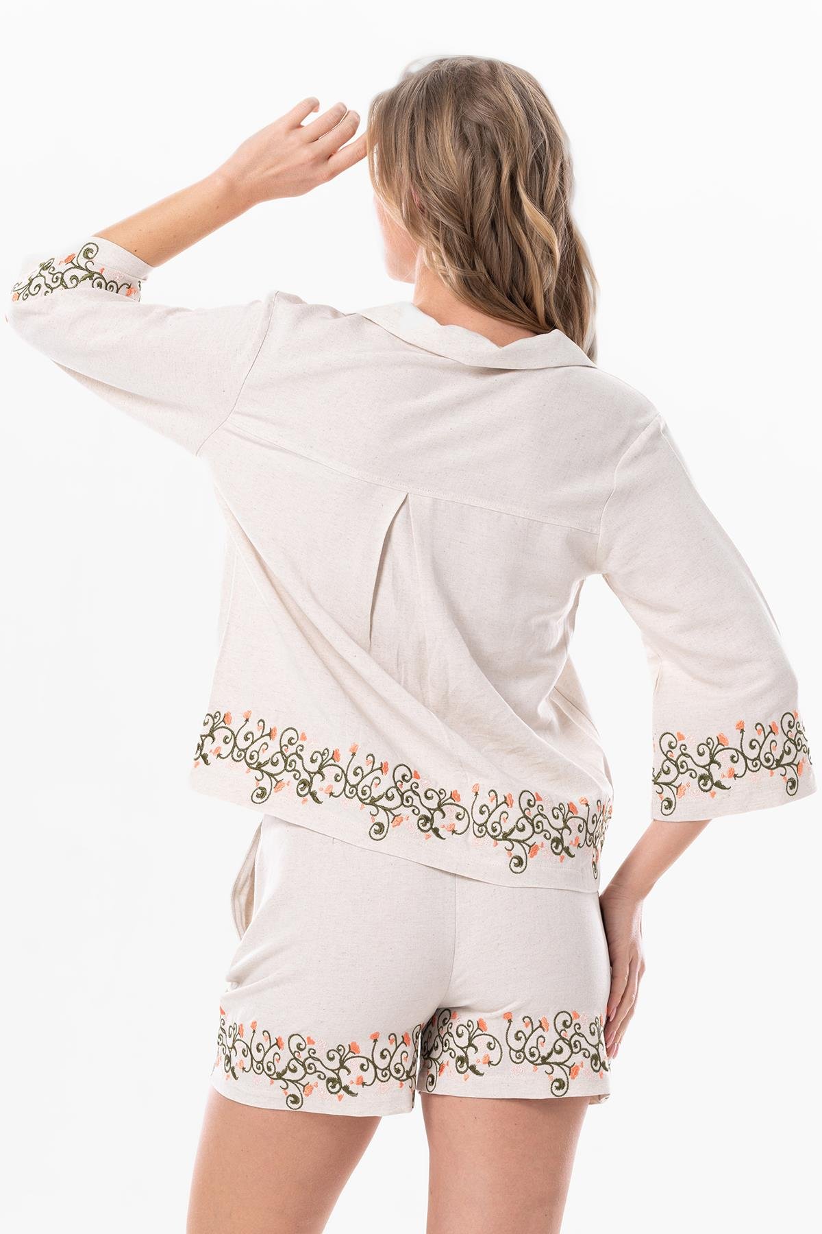 Truvakar Kol Keten Hazan Nakış Detaylı Yazlık Otantik Bluz Krem Krm