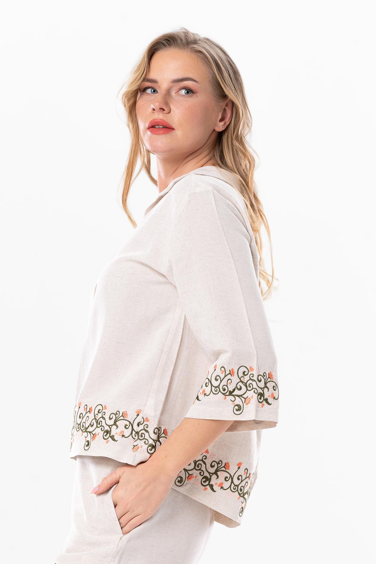 Truvakar Kol Keten Hazan Nakış Detaylı Yazlık Otantik Bluz Krem Krm