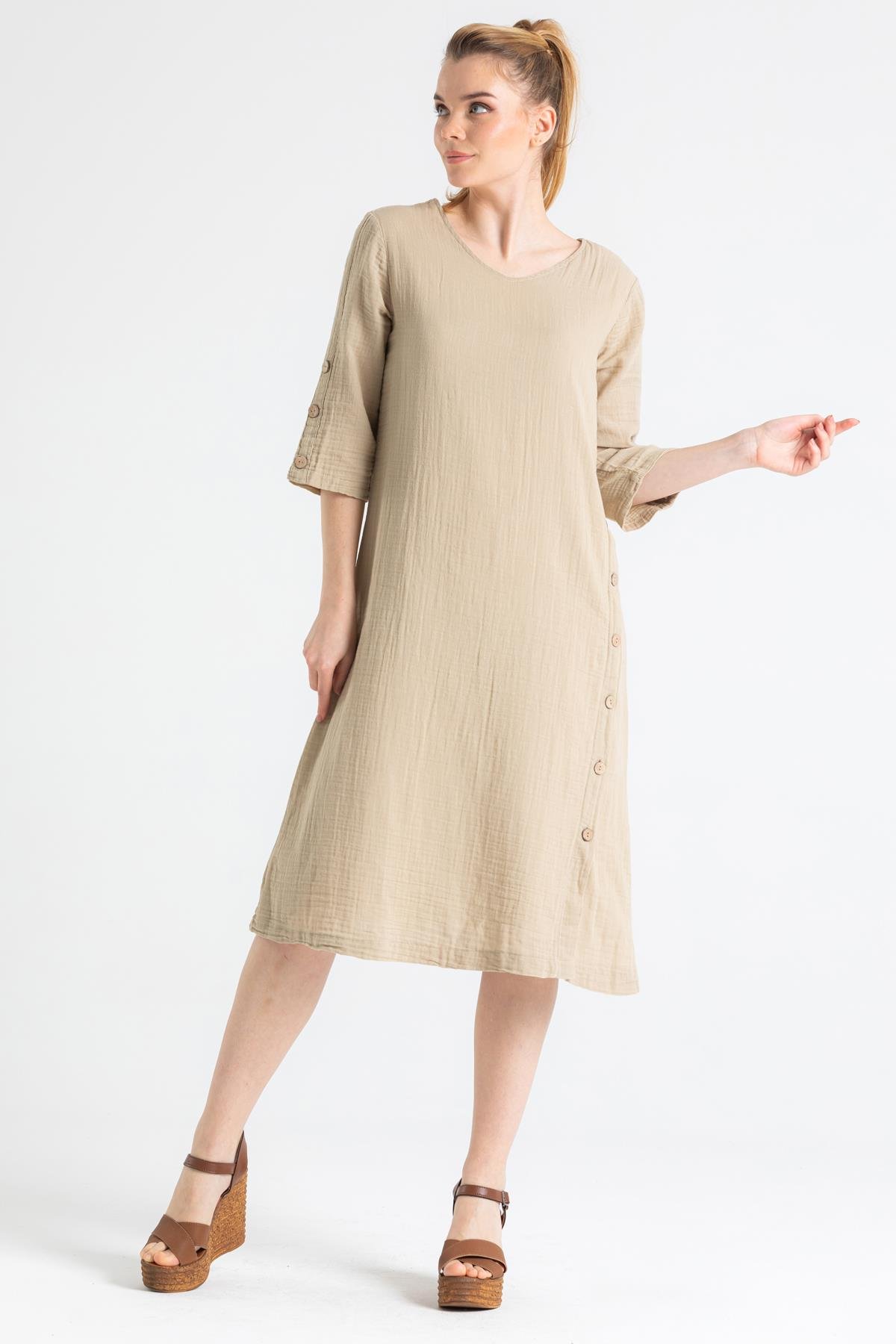 Truvakar Kol Müslin İzel Midi Boy Elbise Vizon Vzn