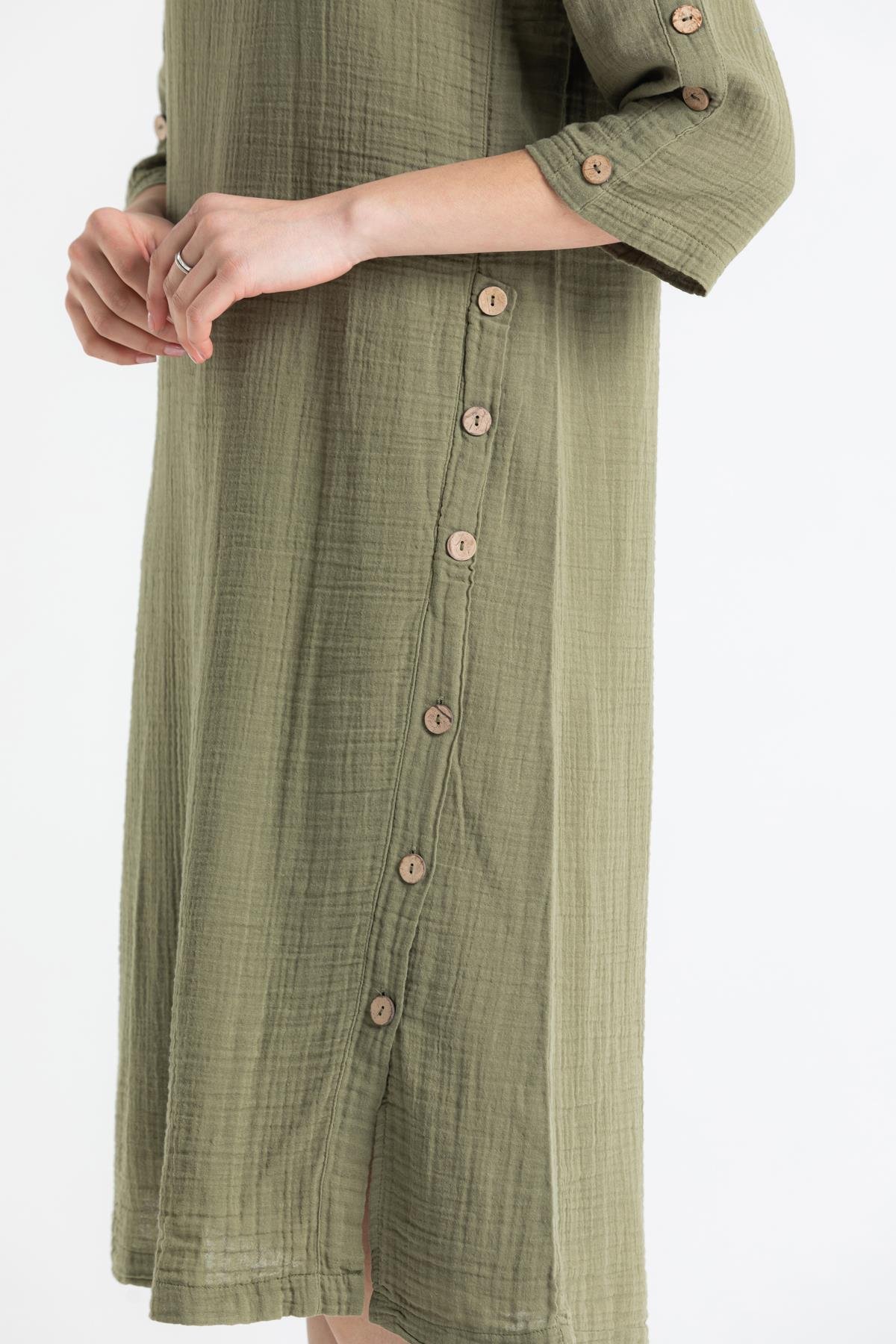 Truvakar Kol Müslin İzel Midi Boy Elbise Haki Hk