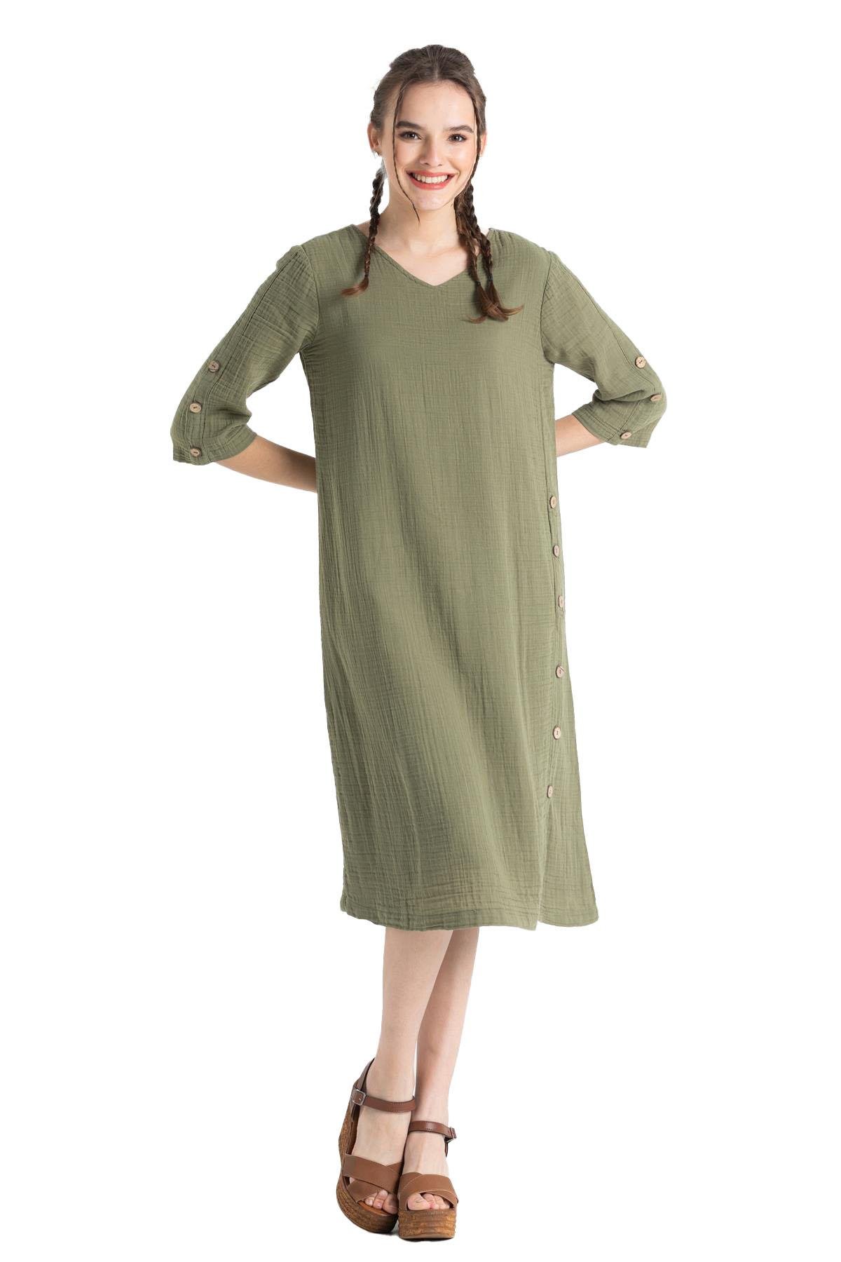 Truvakar Kol Müslin İzel Midi Boy Elbise Haki Hk