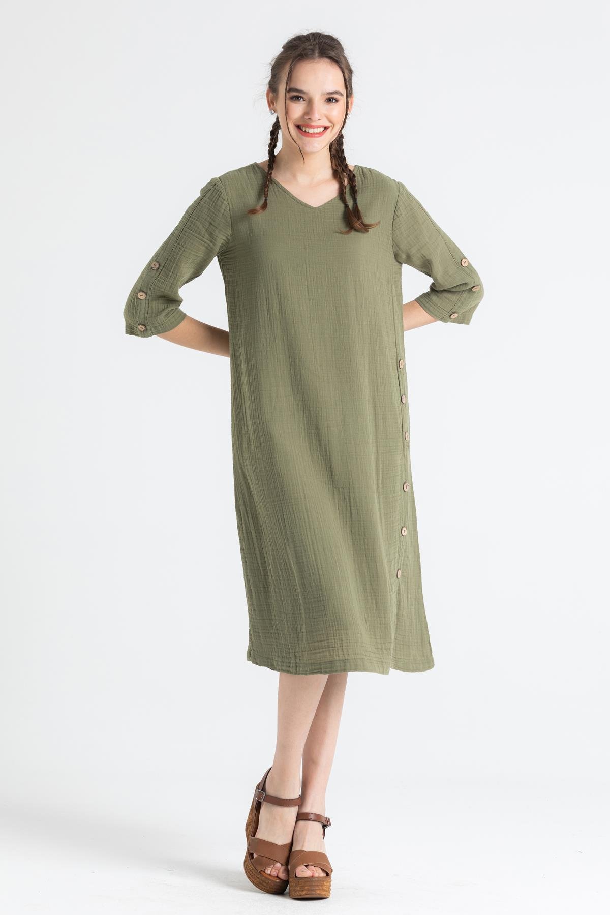 Truvakar Kol Müslin İzel Midi Boy Elbise Haki Hk