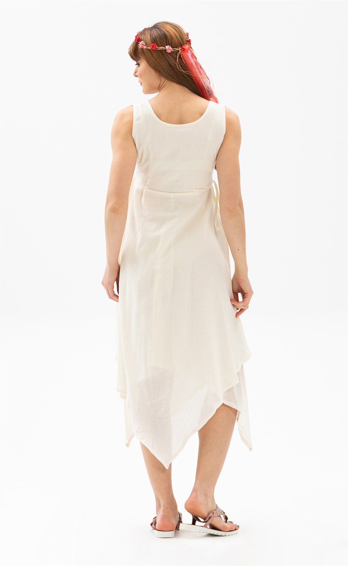 Üçgen Katlı Şile Bezi Elbise Krem